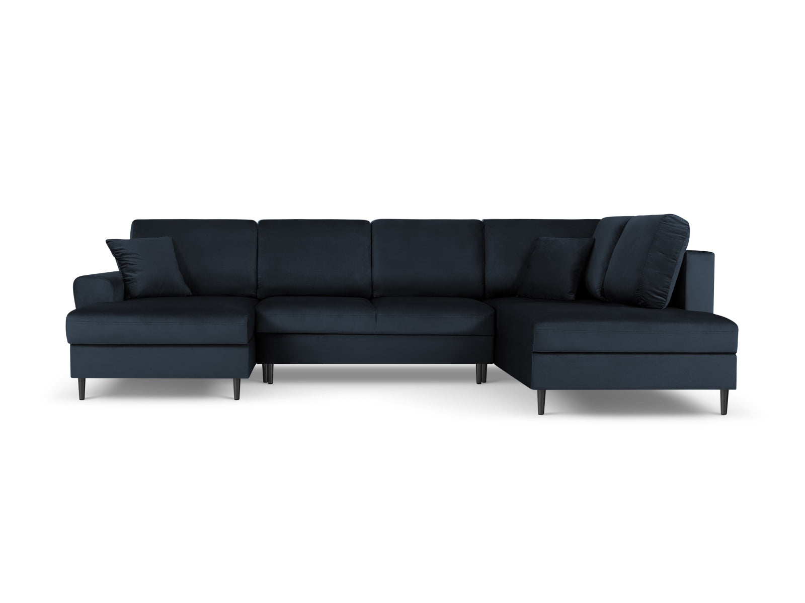 Elegantes Kyoto Velour Panoramic Ecksofa rechts in tiefem Blau, 7-Sitzer mit cleverem Stauraum und gemütlicher Schlafoption.