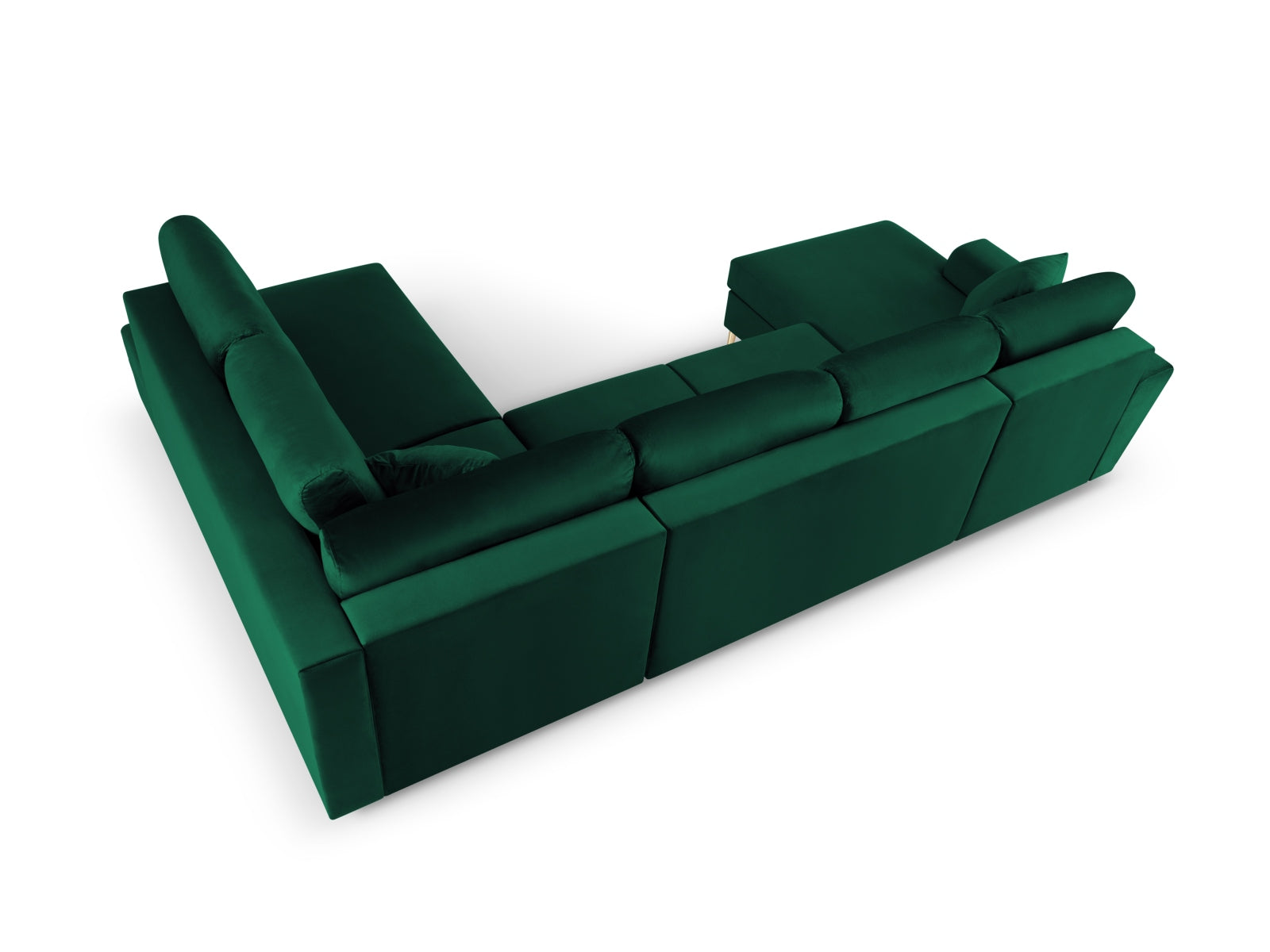 Elegantes Kyoto Velour Panoramic Ecksofa in tiefem Grün, 7 Sitzer mit cleverem Stauraum und gemütlicher Schlaffunktion für Übernachtungsgäste.