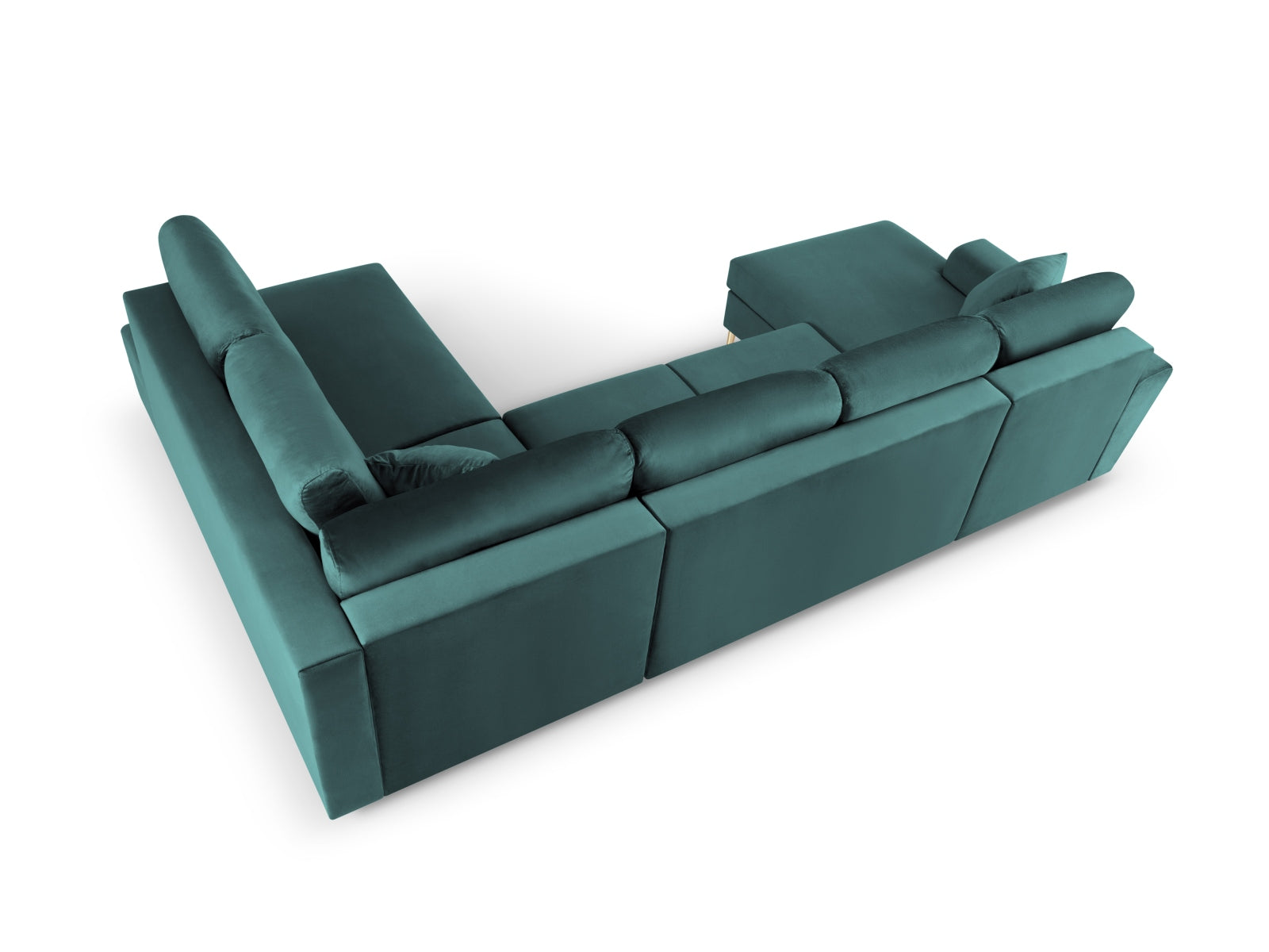 Elegantes Kyoto Velour Panoramic Ecksofa in Petrol-Riviera, 7-Sitzer mit Stauraum und Schlaffunktion, ideal für stilvolle Wohnräume.