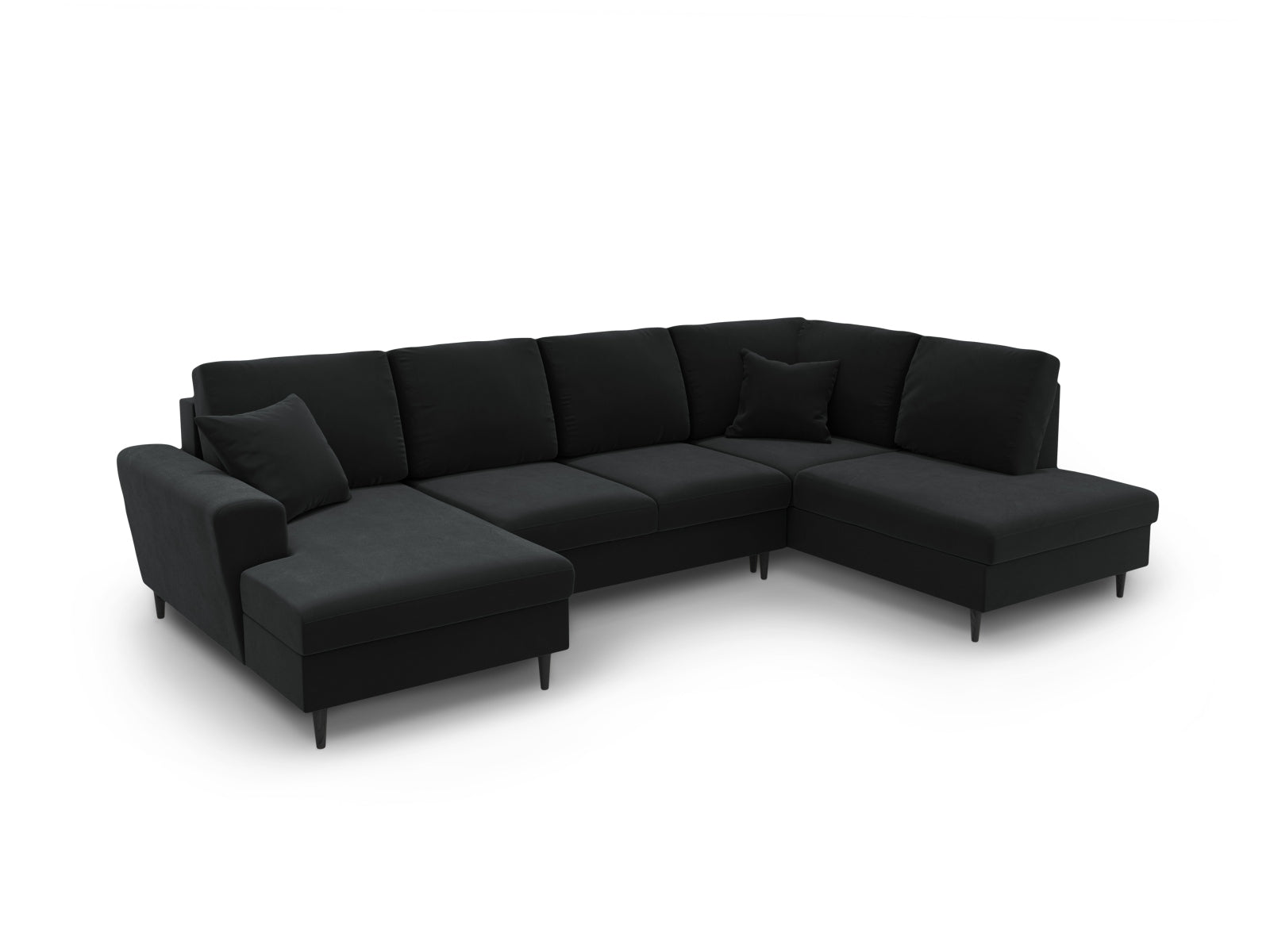 Modernes Kyoto Velour Panoramic Sofa in Schwarz-Riviera, 7-Sitzer mit praktischen Stauraum und Schlaffunktion, perfekt für gemütliche Abende.