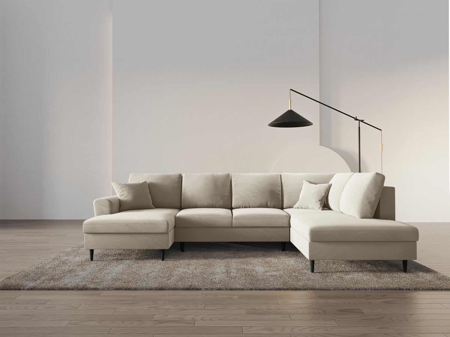 Elegantes Kyoto Velour Panoramic Sofa in Light Beige-Riviera, 7-Sitzer mit Stauraum und Schlaffunktion, ideal für stilvolle Wohnräume.