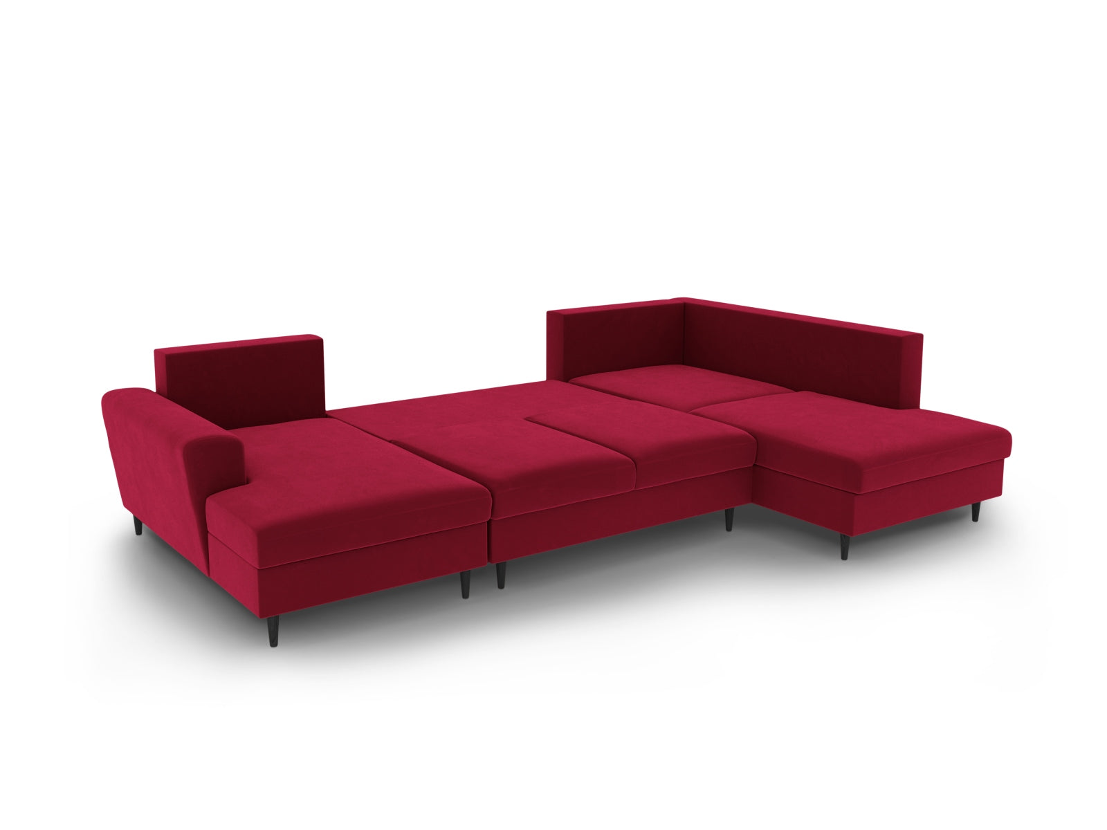 Elegantes Kyoto Velour Panoramic Sofa in Rot, 7-Sitzer mit cleverem Stauraum und Schlaffunktion, ideal für stilvolle Wohnräume.