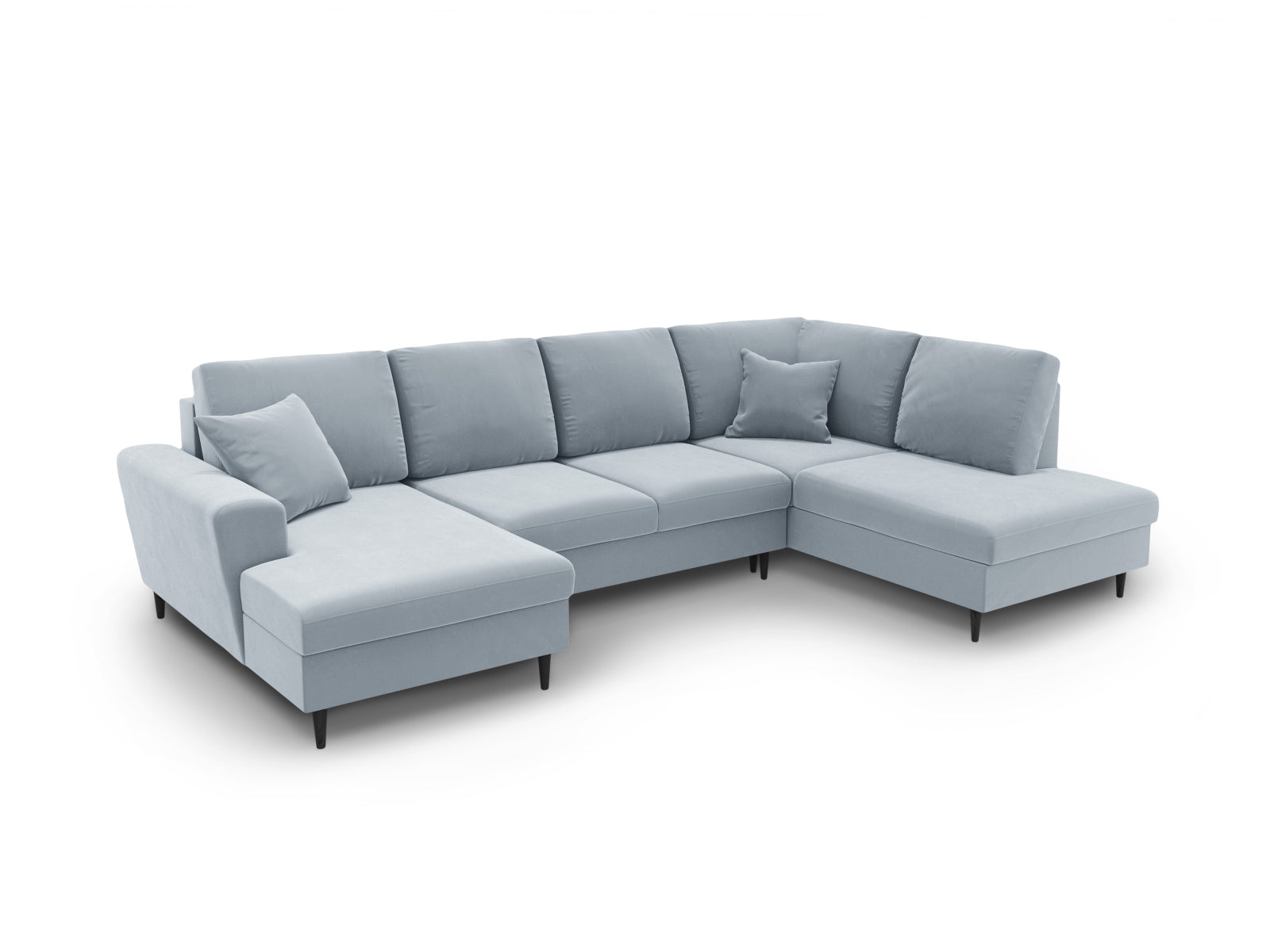 Modernes Kyoto Velour Panoramic Sofa in sanftem Hellblau, 7-Sitzer mit praktischem Stauraum und ausziehbarer Schlaffunktion für Gäste.