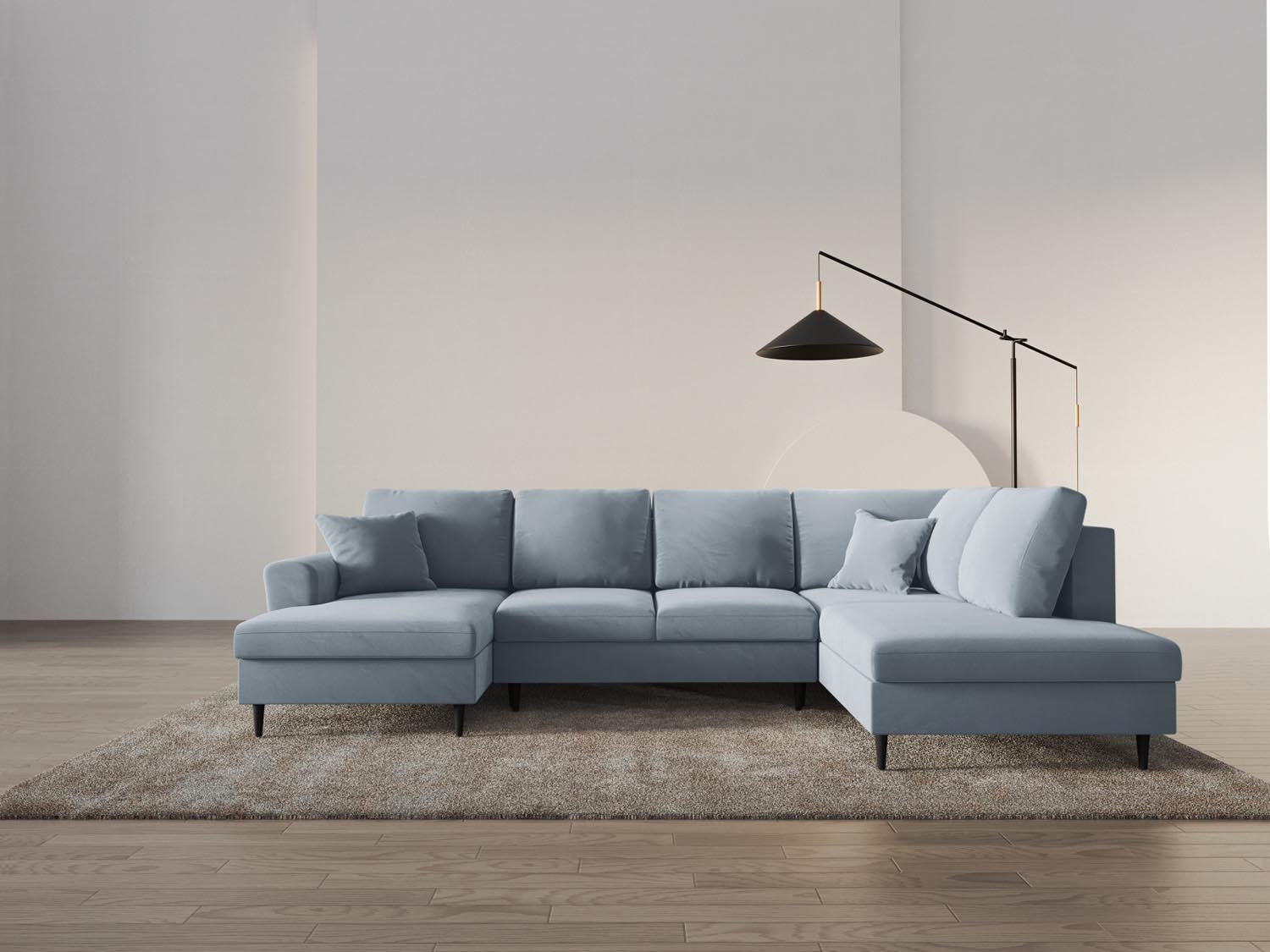 Elegantes Kyoto Velour Panoramic Sofa in Hellblau, 7-Sitzer mit Stauraum und Schlaffunktion, ideal für stilvolle Wohnräume.