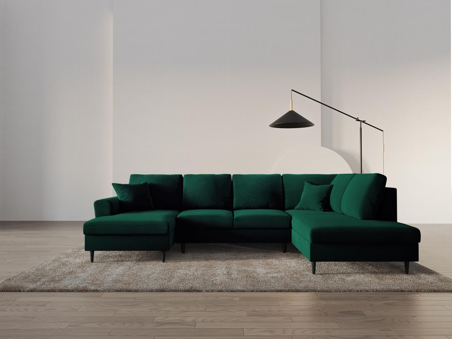 Elegantes Kyoto Velour Panoramic Sofa in Flaschengrün, 7-Sitzer mit Stauraum und Schlaffunktion, ideal für stilvolle Wohnräume.