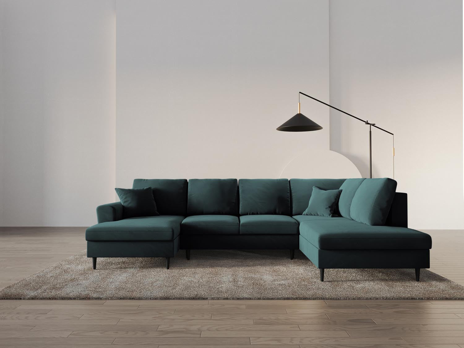 Elegantes Kyoto Velour Panoramic Sofa in Petrol-Riviera, 7-Sitzer mit Stauraum und Schlaffunktion, ideal für stilvolle Wohnräume.