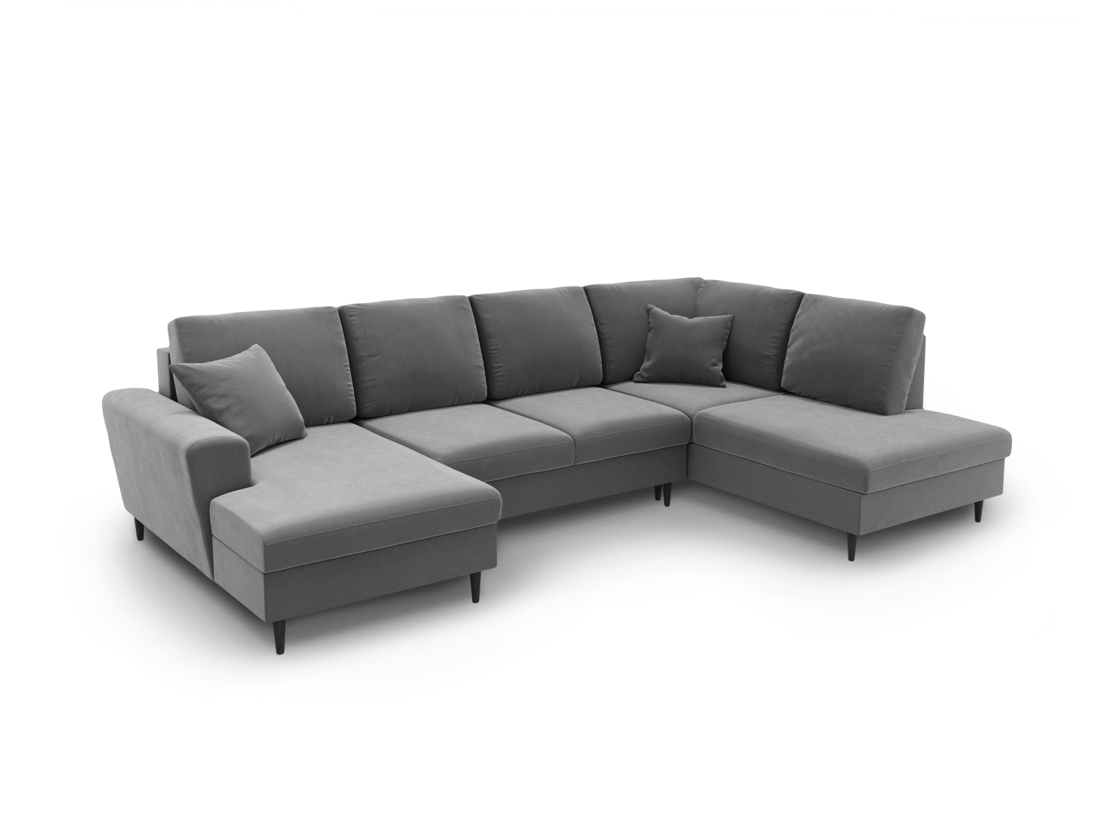 Modernes Kyoto Velour Panoramic Sofa in sanftem Grau, 7-Sitzer mit praktischen Stauraum und ausziehbarer Schlaffunktion für Gäste.