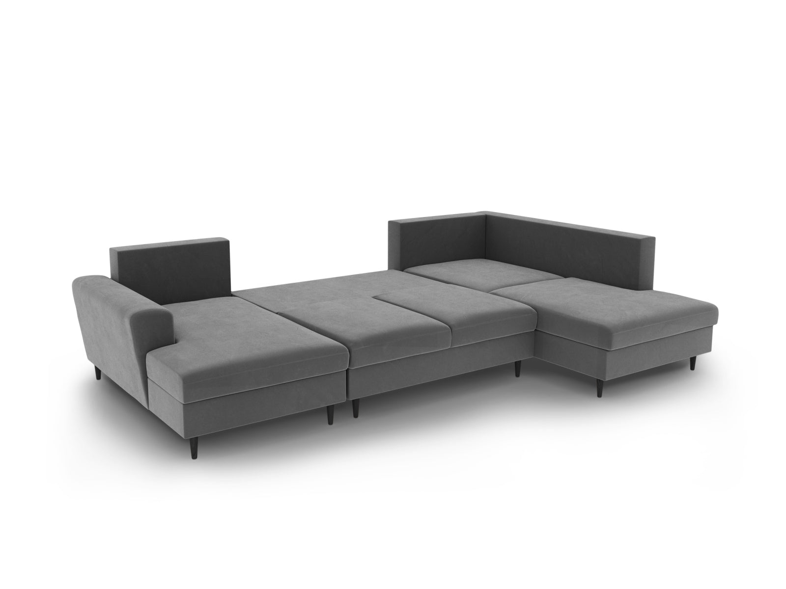 Elegantes Kyoto Velour Panoramic Sofa in hellem Grau, 7-Sitzer mit cleverem Stauraum und komfortabler Schlaffunktion für Übernachtungsgäste.