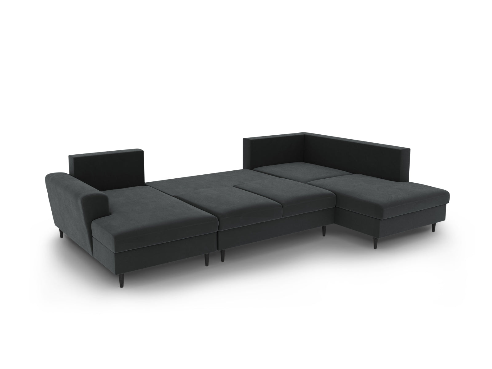 Elegantes Kyoto Velour Panoramic Sofa in Dunkelgrau, 7-Sitzer mit Stauraum und Schlaffunktion, ideal für stilvolle Wohnräume.
