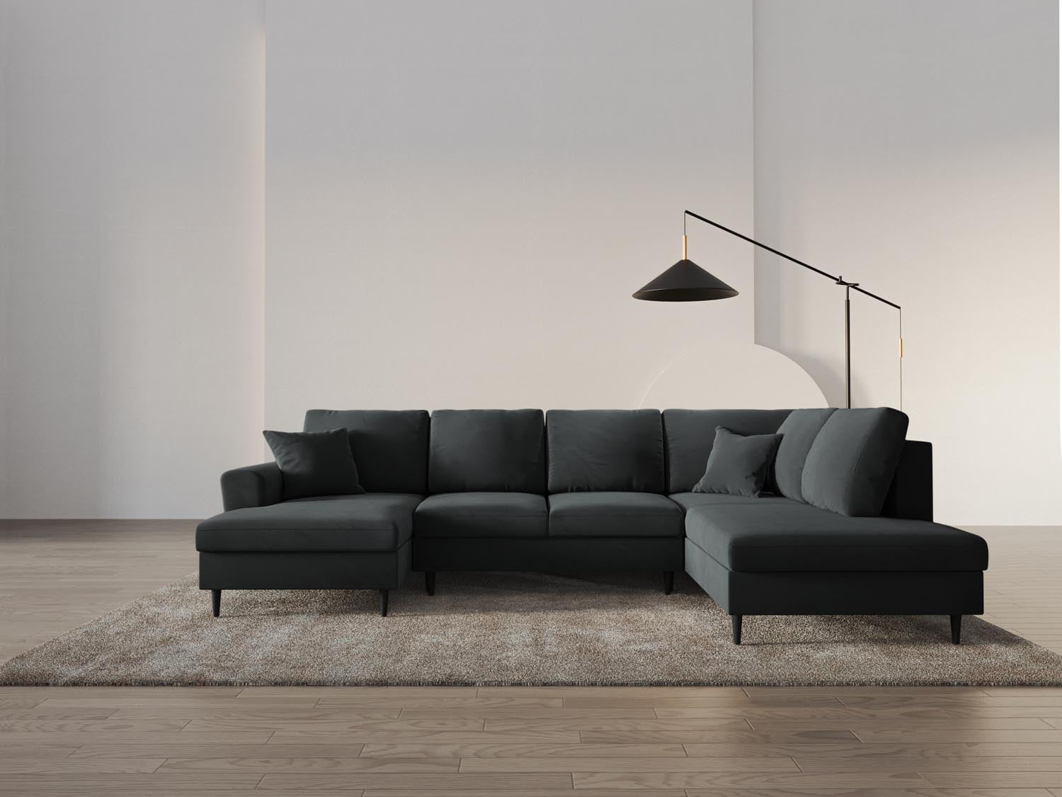 Elegantes Kyoto Velour Panoramic Sofa in Dunkelgrau, 7-Sitzer mit Stauraum und Schlaffunktion, ideal für stilvolle Wohnräume.