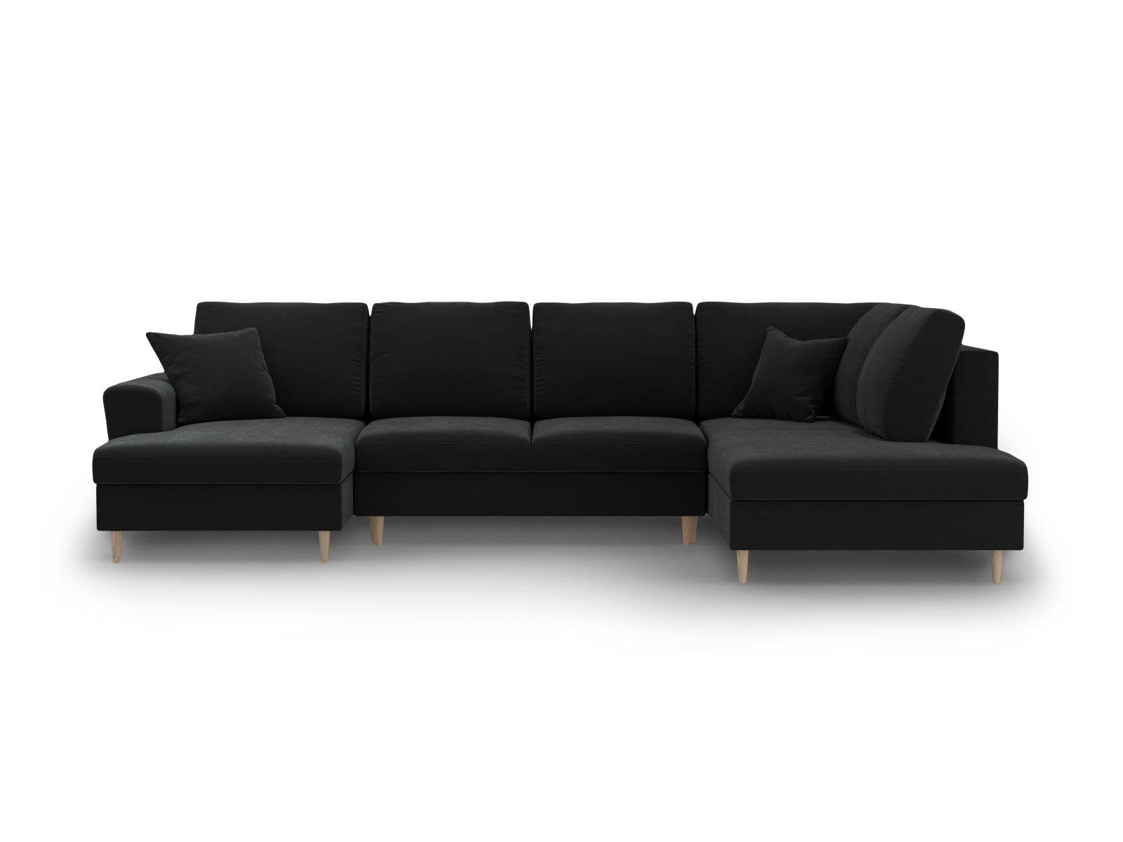 Elegantes Kyoto Velour Panoramic Sofa in Schwarz-Riviera, 7-Sitzer mit cleverem Stauraum und gemütlicher Schlaffunktion für entspannte Übernachtungen.