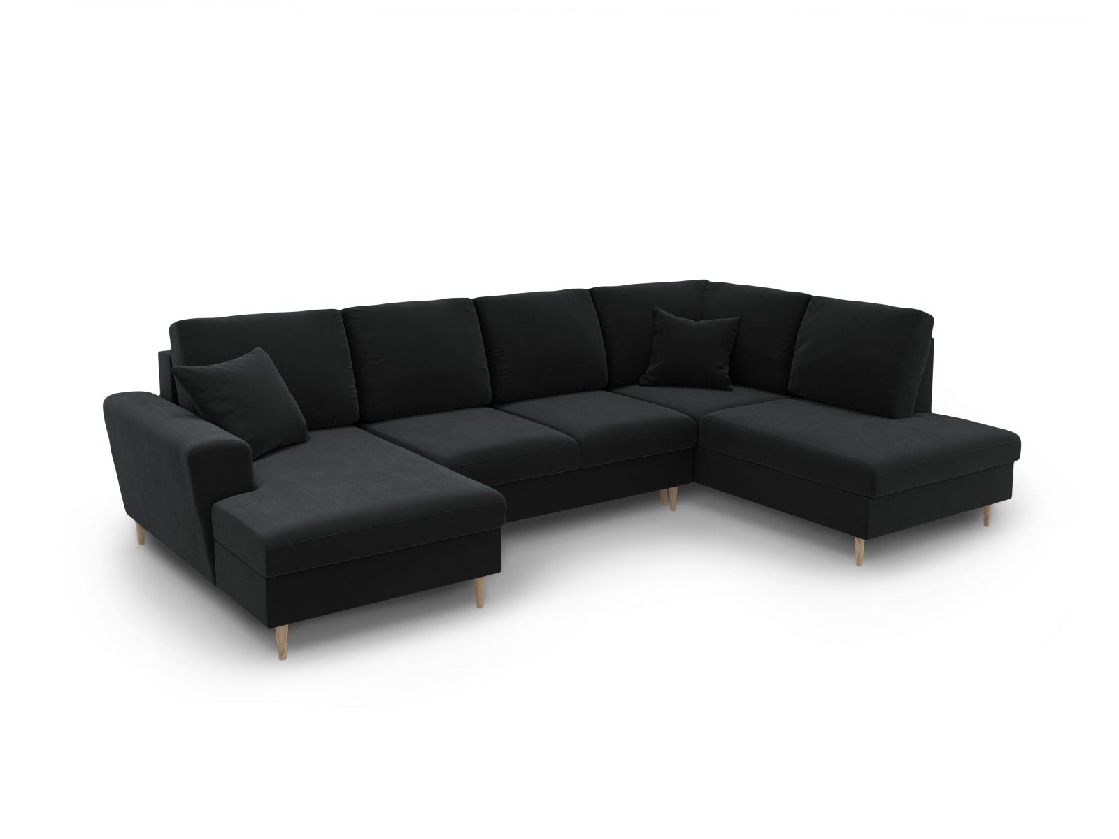 Elegantes Kyoto Velour Panoramic Sofa in Schwarz-Riviera, 7-Sitzer mit cleverem Stauraum und gemütlicher Schlaffunktion für entspannte Nächte.