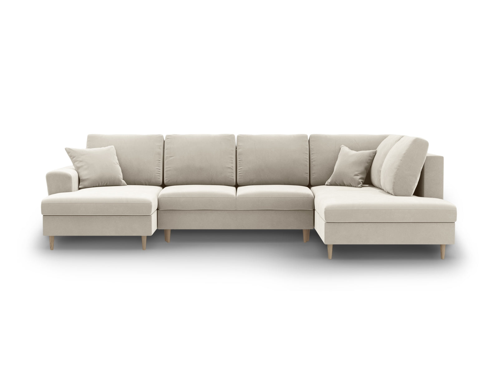 Elegantes Kyoto Velour Panoramic Sofa in sanftem Beige, 7-Sitzer mit cleverem Stauraum und gemütlicher Schlaffunktion für Übernachtungsgäste.