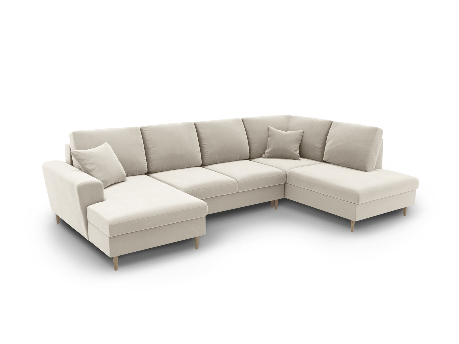 Elegantes Kyoto Velour Panoramic Sofa in sanftem Beige, 7-Sitzer mit cleverem Stauraum und gemütlicher Schlaffunktion für Übernachtungsgäste.