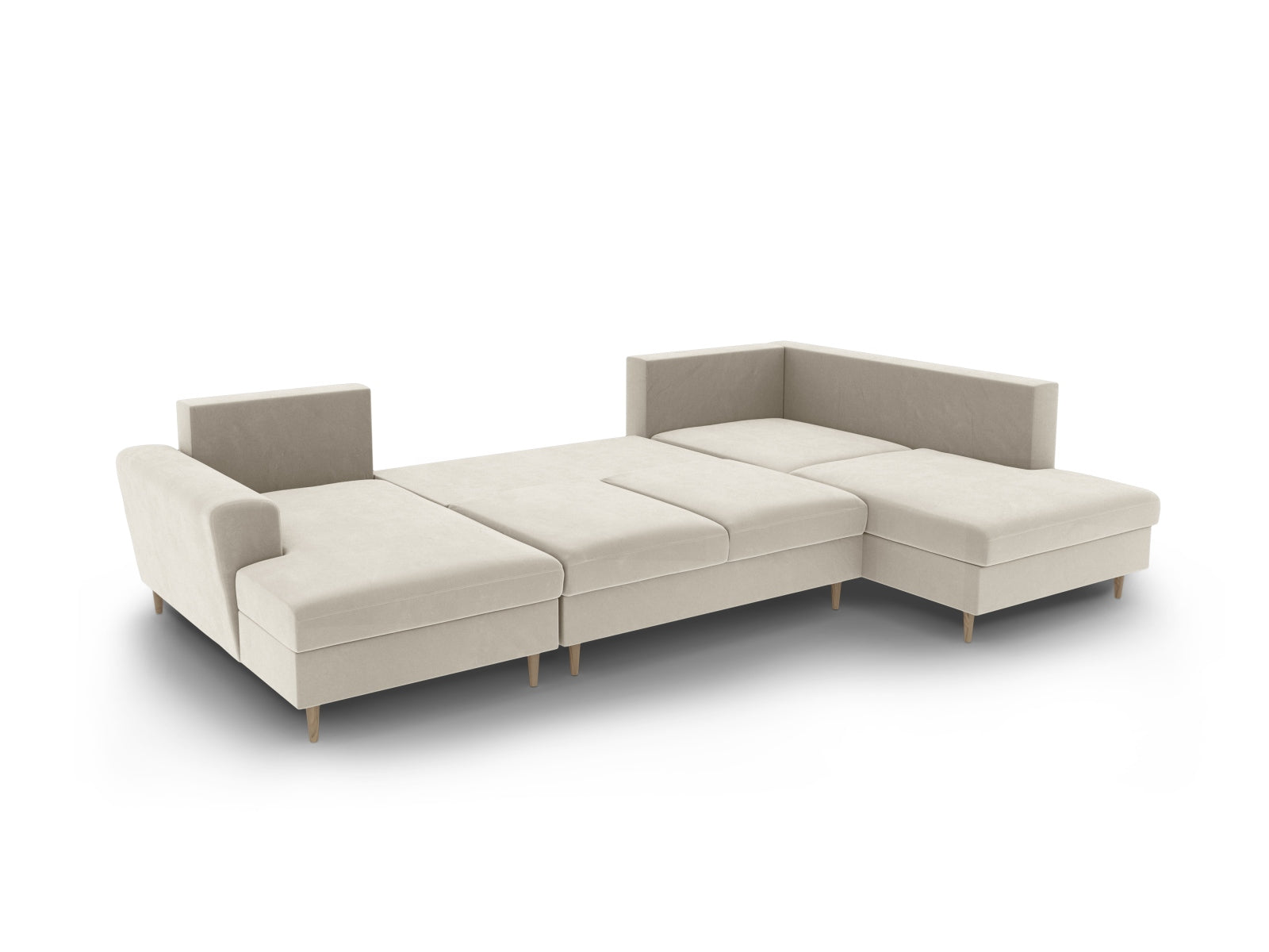 Stilvolles Kyoto Velour Panoramic Sofa in hellem Beige, 7-Sitzer mit praktischem Stauraum und komfortabler Schlaffunktion für Gäste.