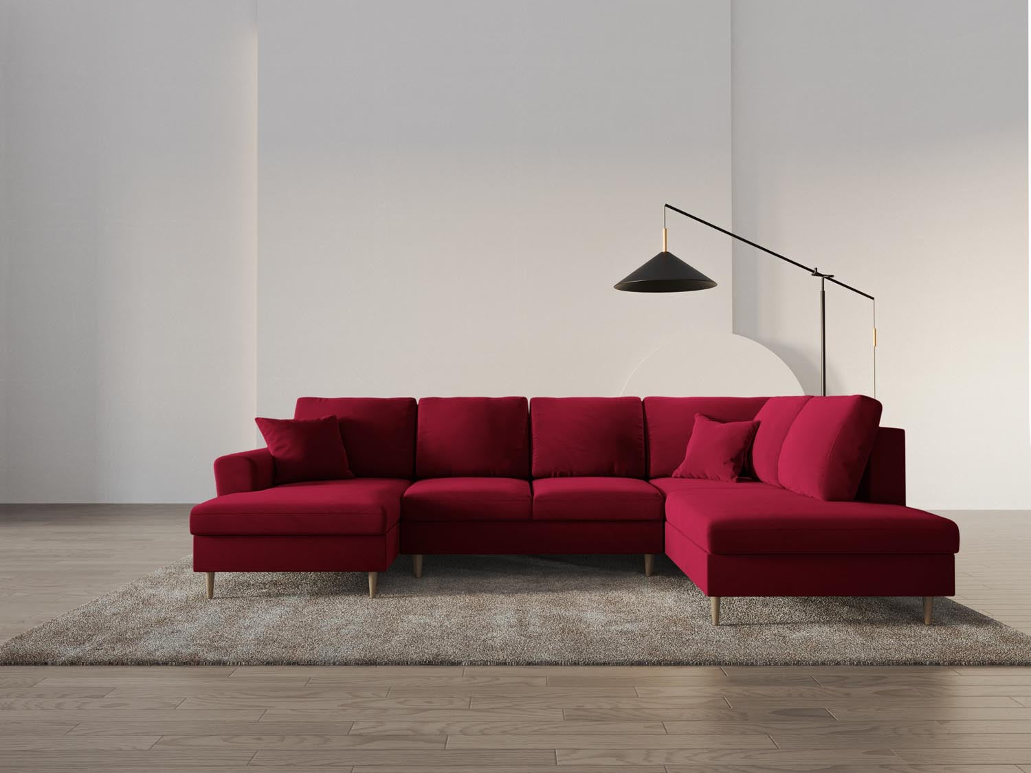 Luxuriöses Kyoto Velour Panoramic Sofa in tiefem Rot, 7-Sitzer mit cleverem Stauraum und praktischer Schlaffunktion für gemütliche Abende.