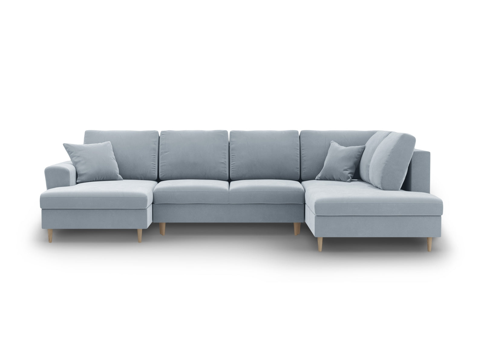 Elegantes Kyoto Velour Panoramic Sofa in zartem Hellblau, 7-Sitzer mit cleverem Stauraum und flexibler Schlaffunktion für zusätzlichen Komfort.
