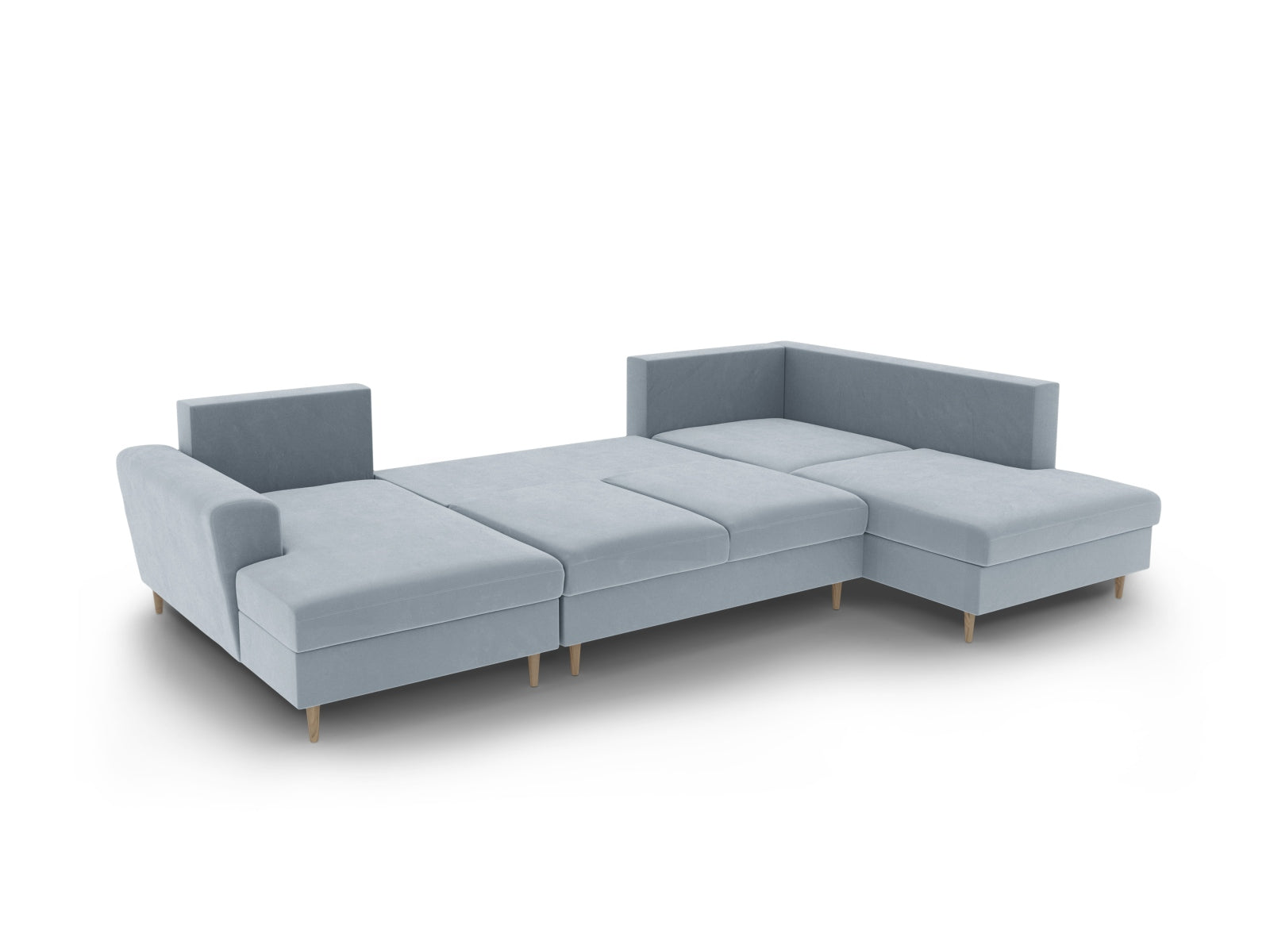 Stylisches Kyoto Velour Panoramic Sofa in sanftem Hellblau, 7-Sitzer mit praktischen Stauraum und Schlaffunktion, perfekt für moderne Wohnkonzepte.