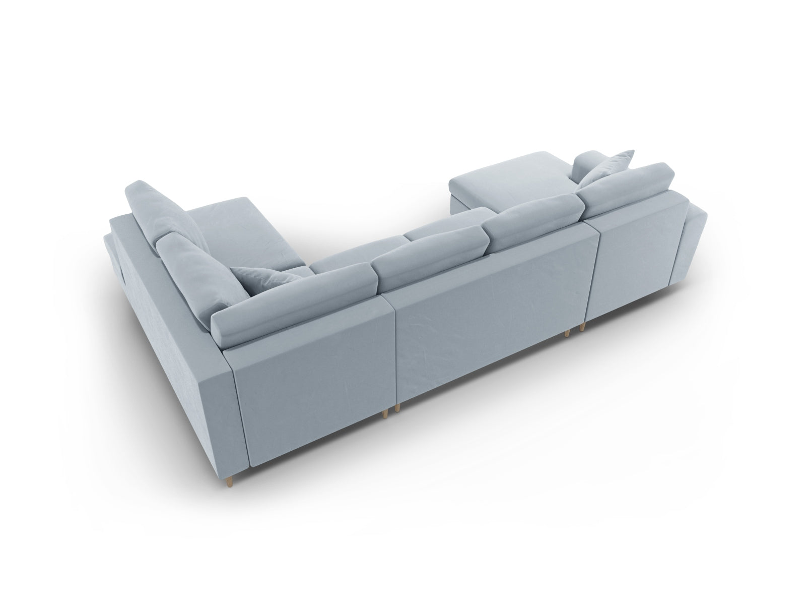 Elegantes Kyoto Velour Panoramic Sofa in zartem Hellblau, 7-Sitzer mit cleverem Stauraum und ausziehbarer Schlaffunktion für vielseitige Nutzung.