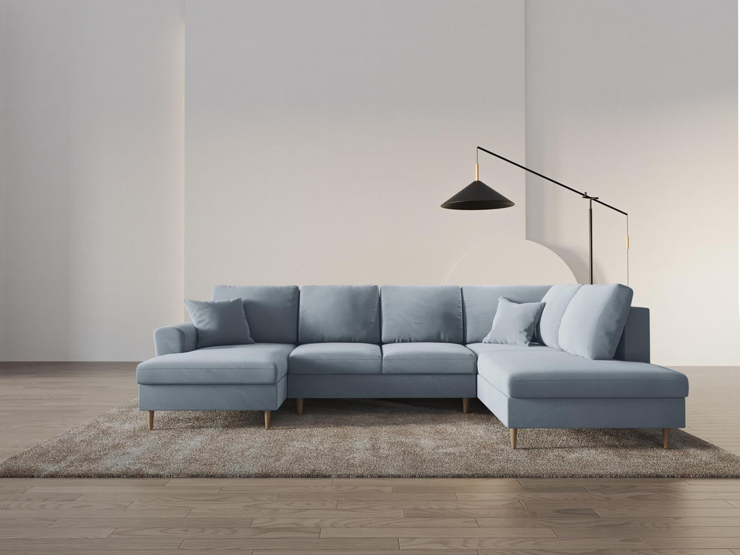 Stilvolles Kyoto Velour Panoramic Sofa in sanftem Hellblau, 7-Sitzer mit praktischem Stauraum und umwandelbarer Schlaffunktion für entspannte Nächte.