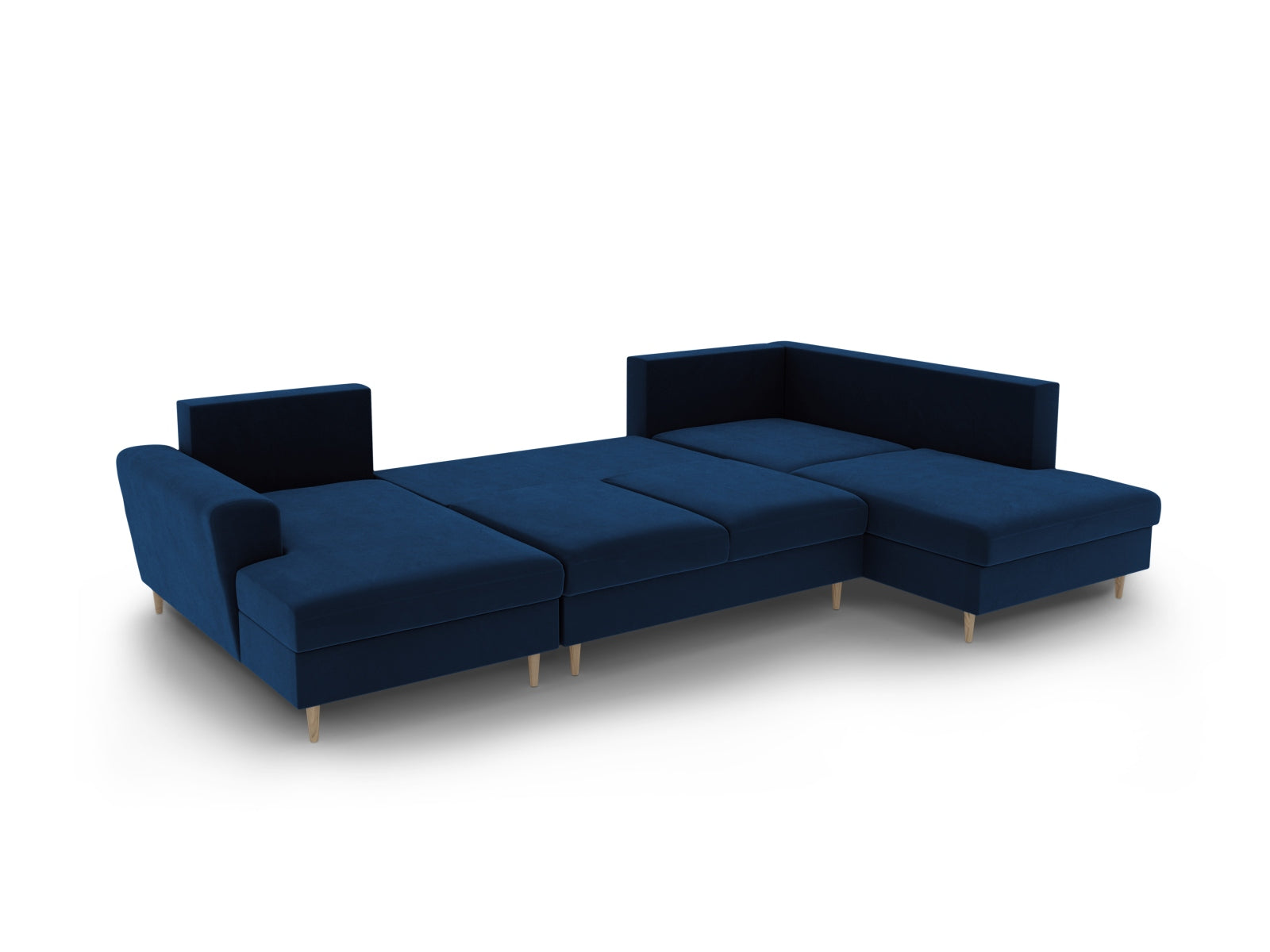 Stilvolles Kyoto Velour Panoramic Sofa in Royal Blue-Riviera, 7-Sitzer mit praktischem Stauraum und umwandelbarer Schlaffunktion für Gäste.