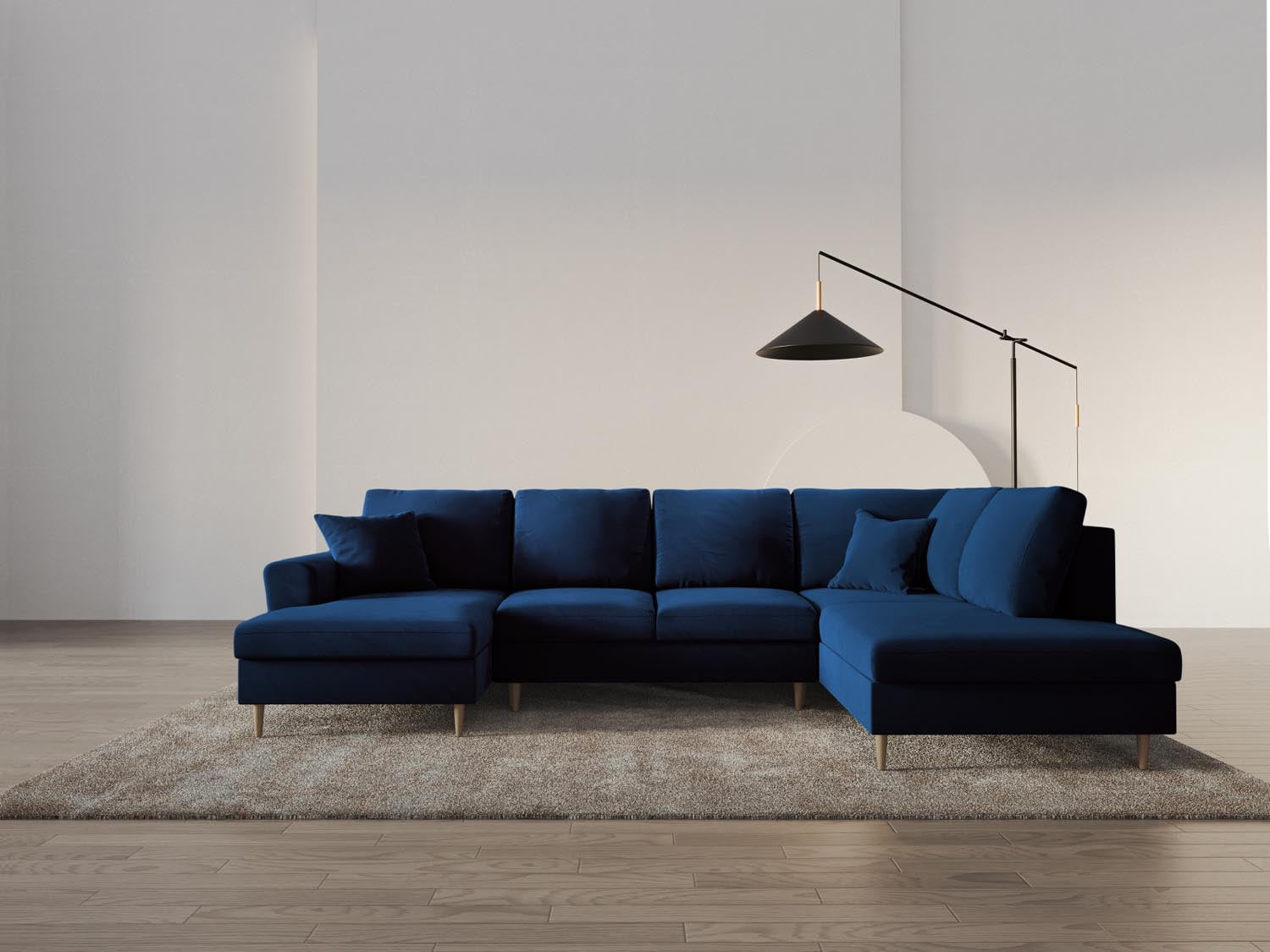 Stilvolles Kyoto Velour Panoramic Sofa in Royal Blue-Riviera, 7-Sitzer mit praktischem Stauraum und gemütlicher Schlafoption für Gäste.