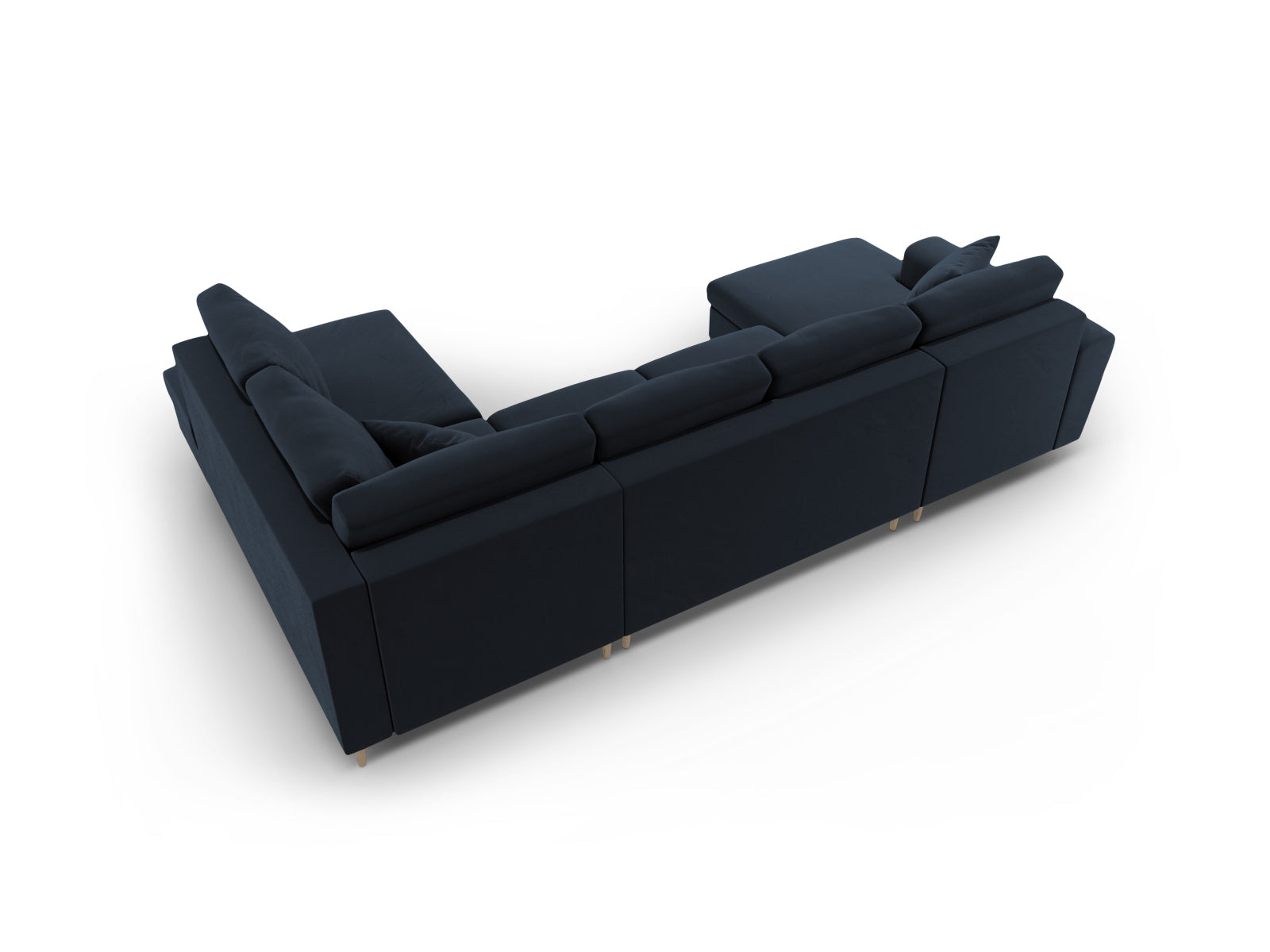 Elegantes Kyoto Velour Panoramic Sofa in Dunkelblau, 7-Sitzer mit cleverem Stauraum und flexibler Schlaffunktion für Gästeübernachtungen.