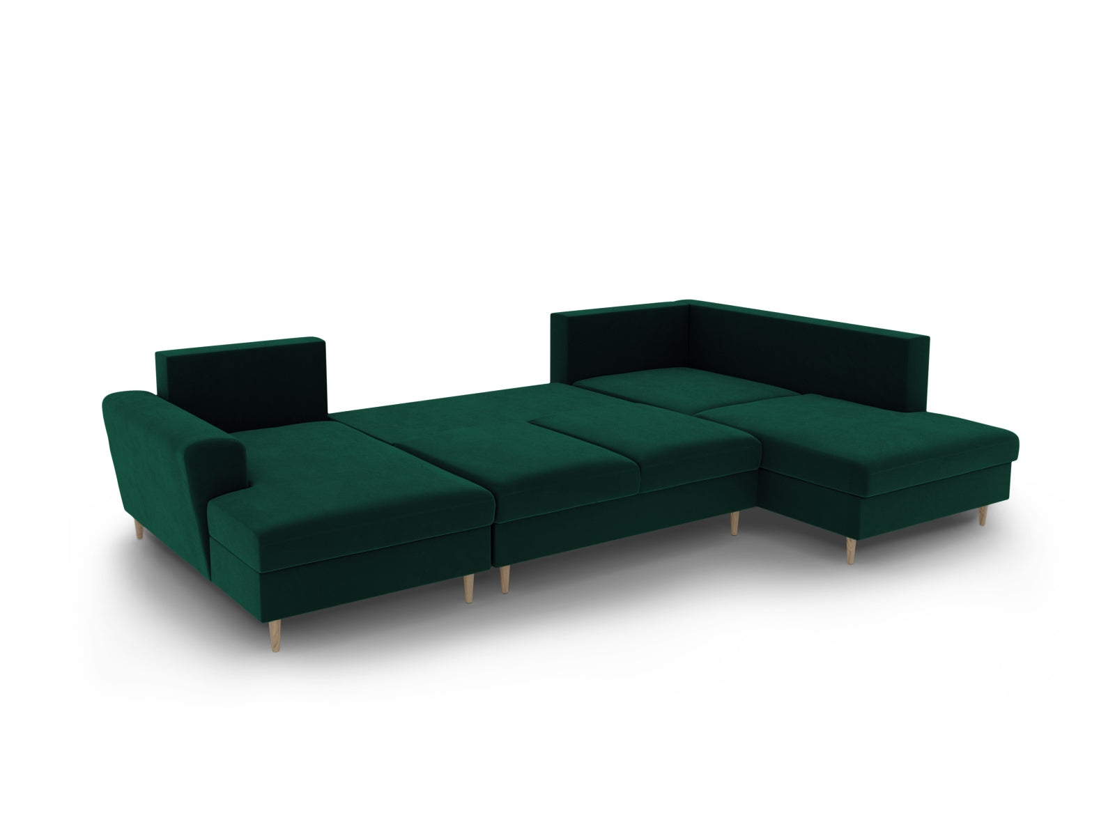 Stilvolles Kyoto Velour Panoramic Sofa in sattem Flaschengrün, 7-Sitzer mit praktischem Stauraum und umwandelbarer Schlaffunktion für Gäste.