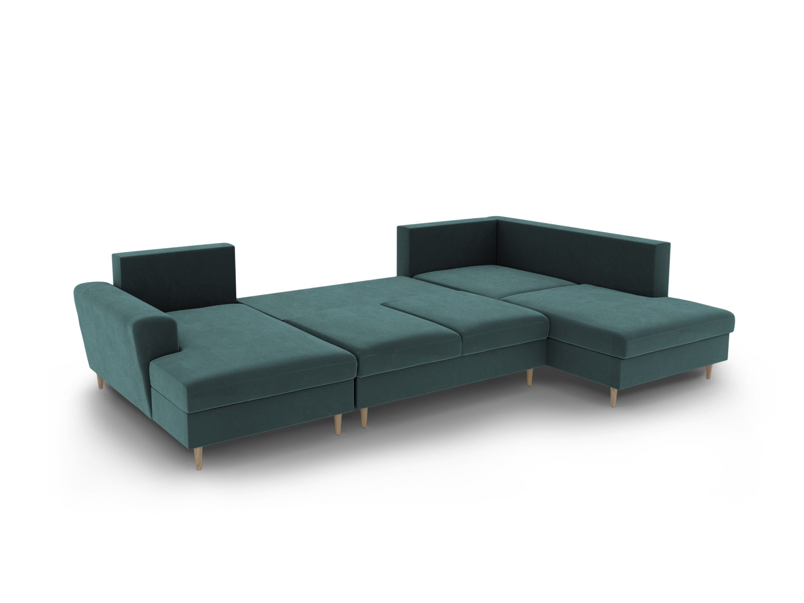 Stylisches Kyoto Velour Panoramic Sofa in Petrol-Riviera, 7-Sitzer mit praktischem Stauraum und komfortabler Schlaffunktion für Gäste.