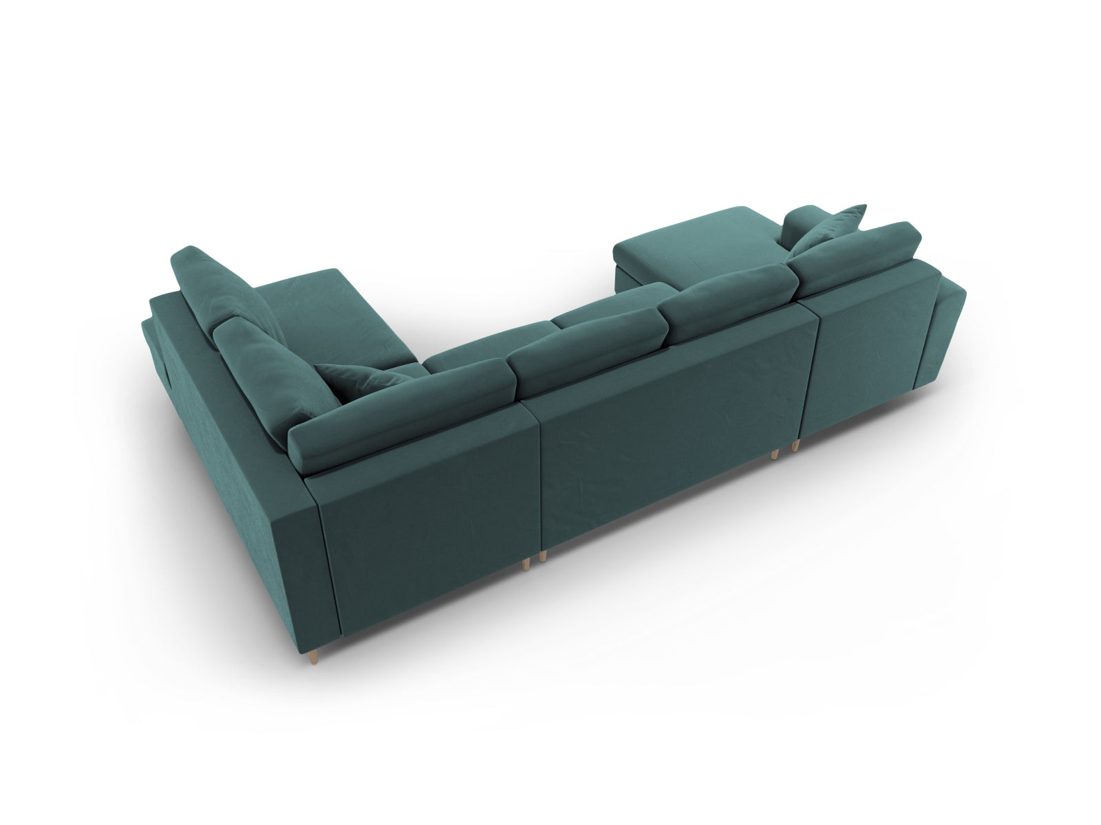 Elegantes Kyoto Velour Panoramic Sofa in Petrol-Riviera, 7-Sitzer mit cleverem Stauraum und gemütlicher Schlaffunktion für entspannte Übernachtungen.
