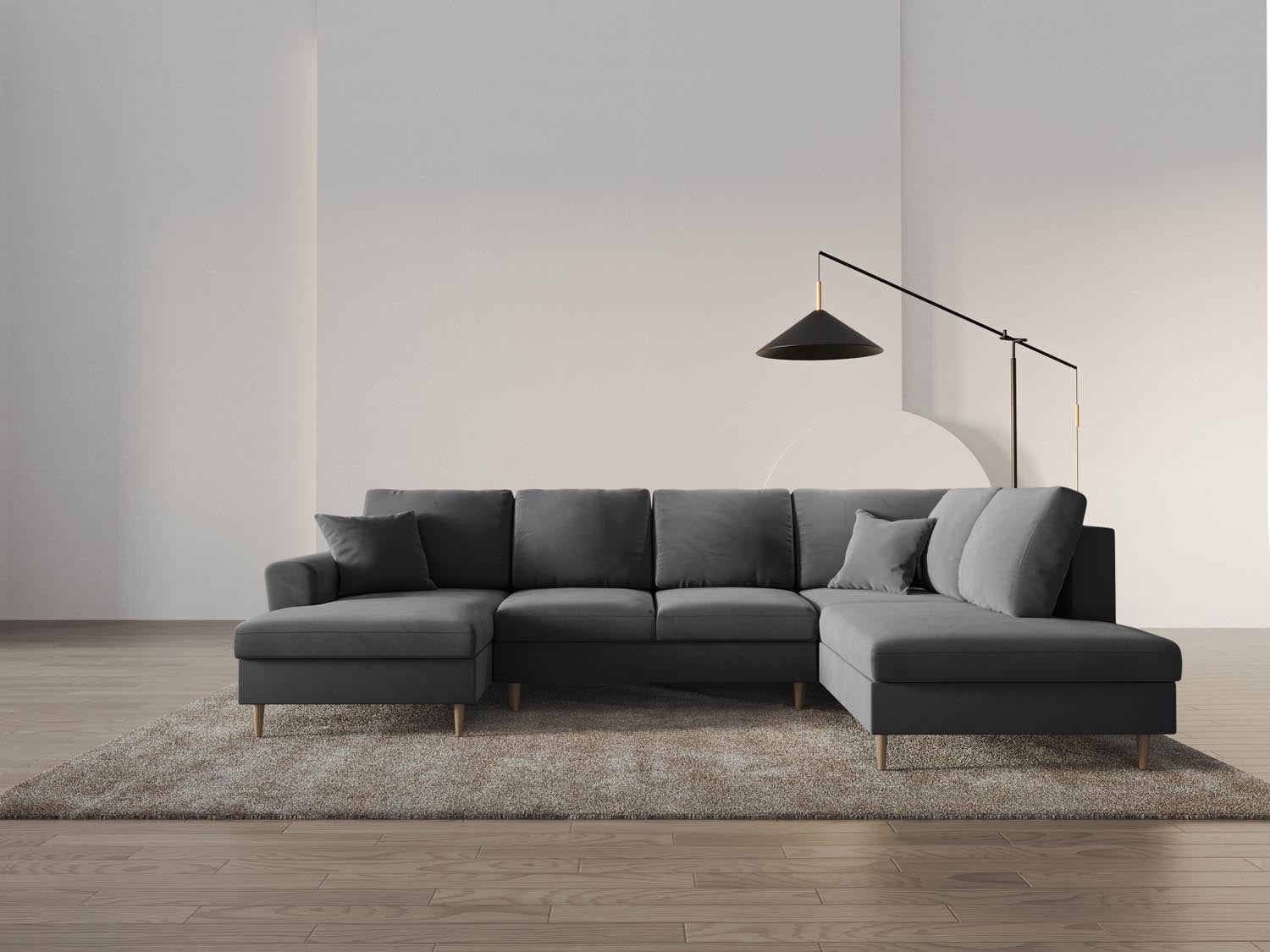 Stylisches Kyoto Velour Panoramic Sofa in sanftem Grau, 7-Sitzer mit praktischem Stauraum und gemütlicher Schlaffunktion für Gäste.
