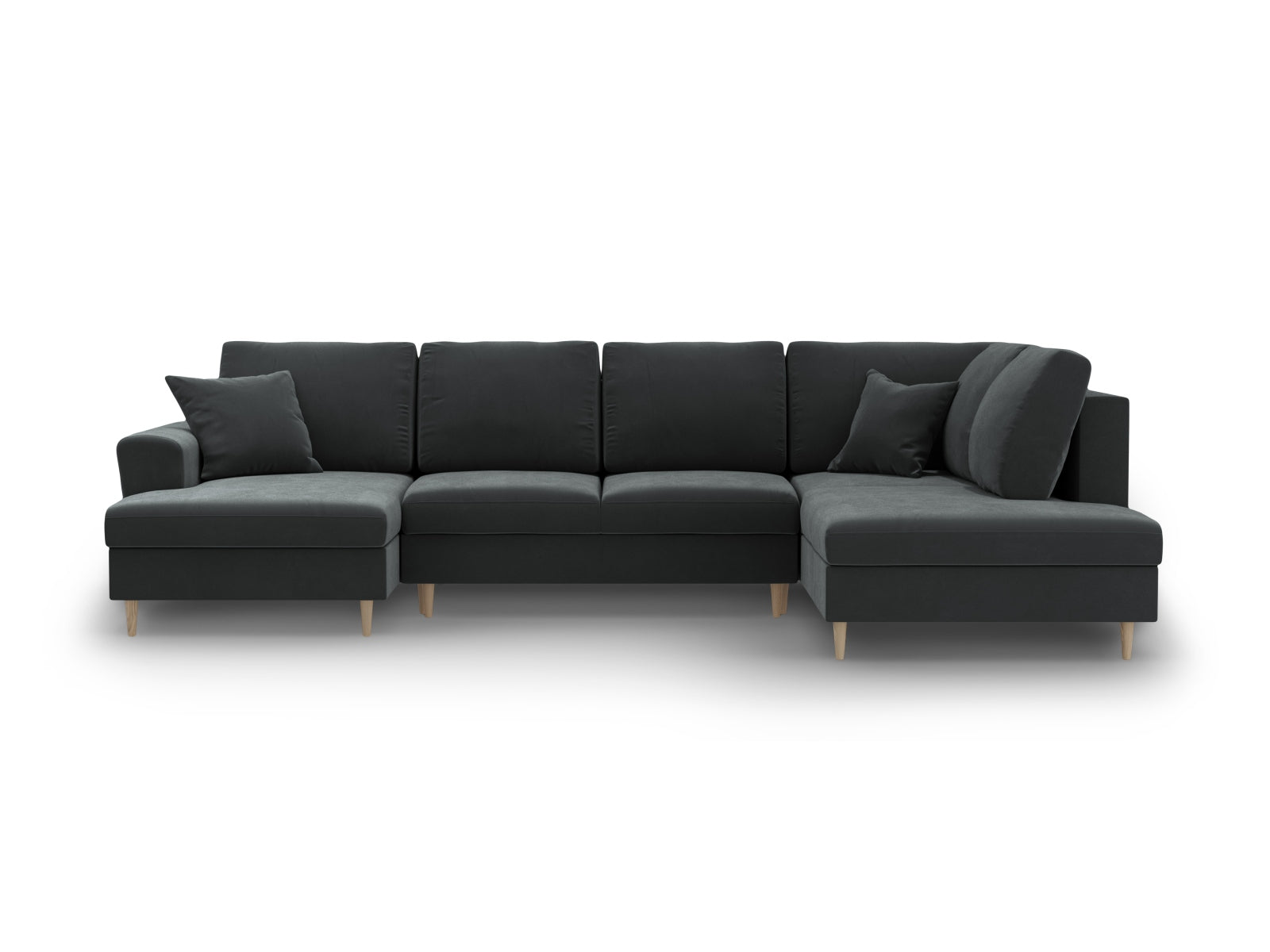 Elegantes Kyoto Velour Panoramic Sofa in Dunkelgrau, 7-Sitzer mit cleverem Stauraum und umwandelbarer Schlaffunktion für zusätzlichen Komfort.
