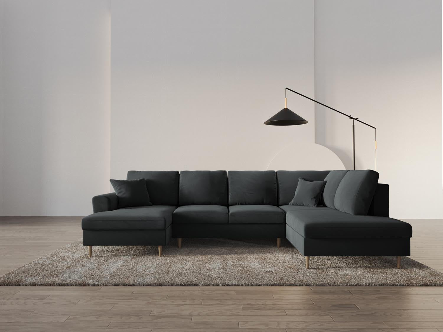 Stylisches Kyoto Velour Panoramic Sofa in Dunkelgrau, 7-Sitzer mit praktischem Stauraum und flexibler Schlaffunktion für entspannte Momente.