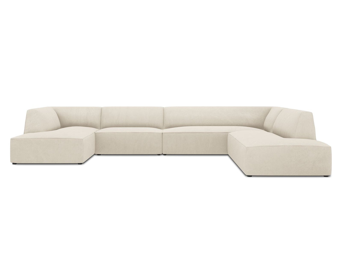 Siena Panorama-Ecksofa rechts von Cosmopolitan Design in Light Beige-Scala Cordstoff, Holzrahmen, schwarze Kunststoffbeine, 7-Sitzer, 366 x 273 cm.
