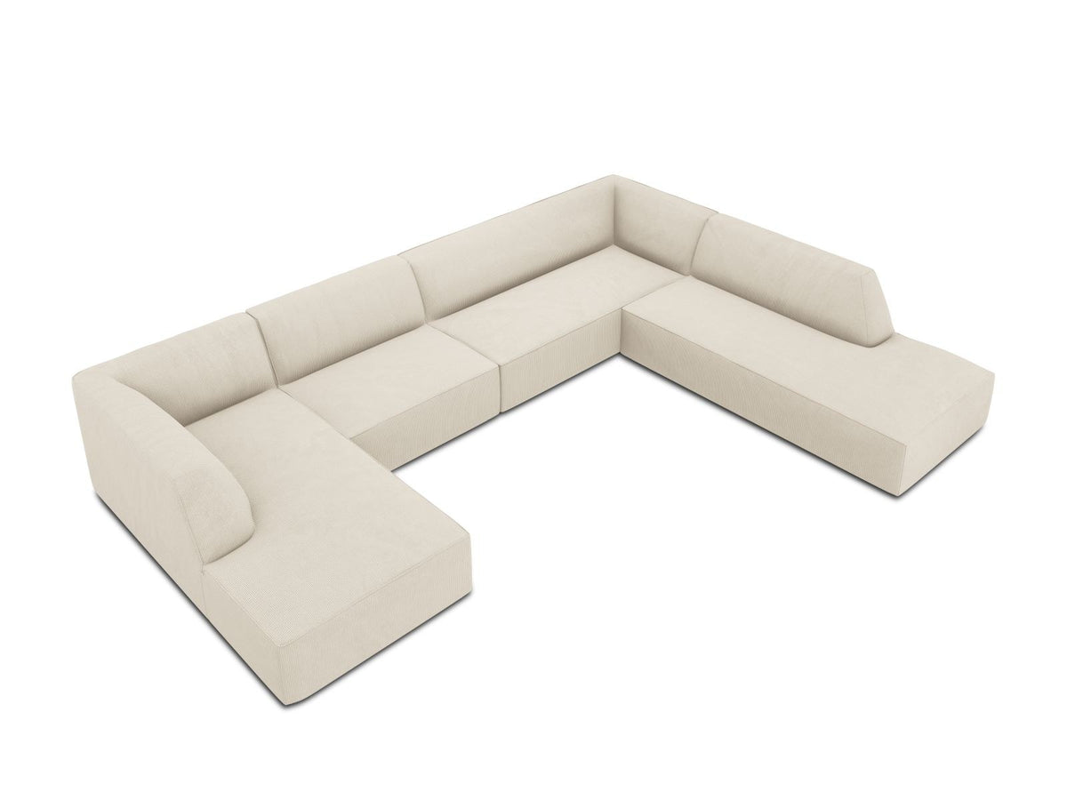 Siena Panorama-Ecksofa rechts von Cosmopolitan Design in Light Beige-Scala Cordstoff, Holzrahmen, schwarze Kunststoffbeine, 7-Sitzer, 366 x 273 cm.