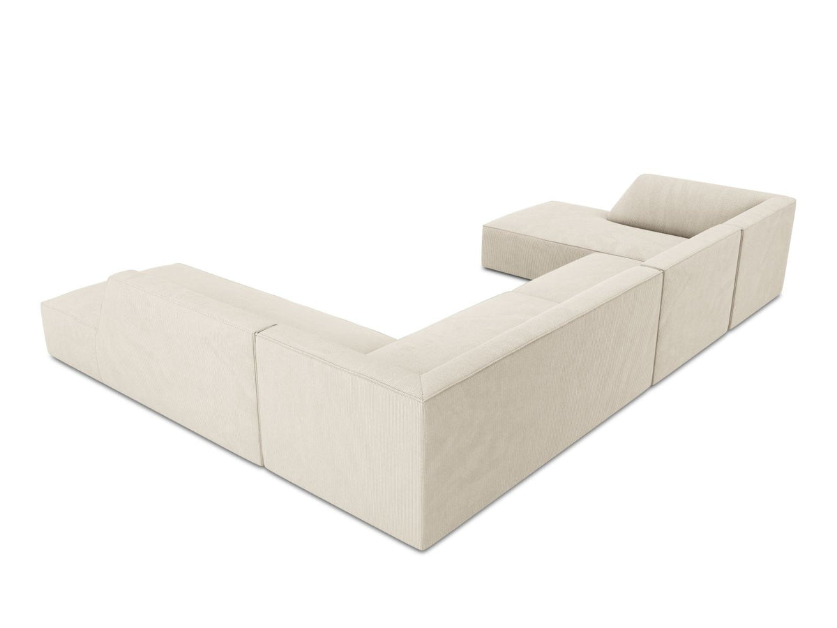 Siena Panorama-Ecksofa rechts von Cosmopolitan Design in Light Beige-Scala Cordstoff, Holzrahmen, schwarze Kunststoffbeine, 7-Sitzer, 366 x 273 cm.