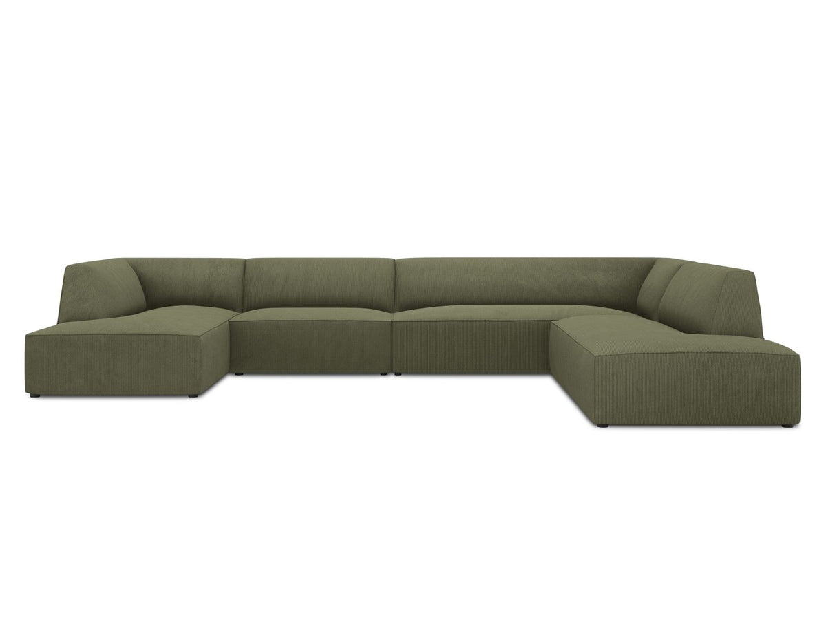 Siena Panorama-Ecksofa rechts von Cosmopolitan Design in Light Beige-Scala Cordstoff, Holzrahmen, schwarze Kunststoffbeine, 7-Sitzer, 366 x 273 cm.