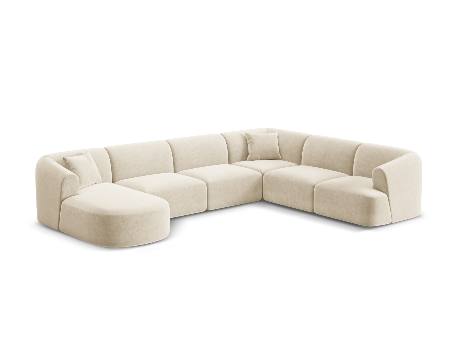 Elegantes 7-Sitzer Ecksofa Panoramic rechts Campi in Light Beige-Vogue, ideal für stilvolle Wohnräume, präsentiert von Cosmopolitan Design.