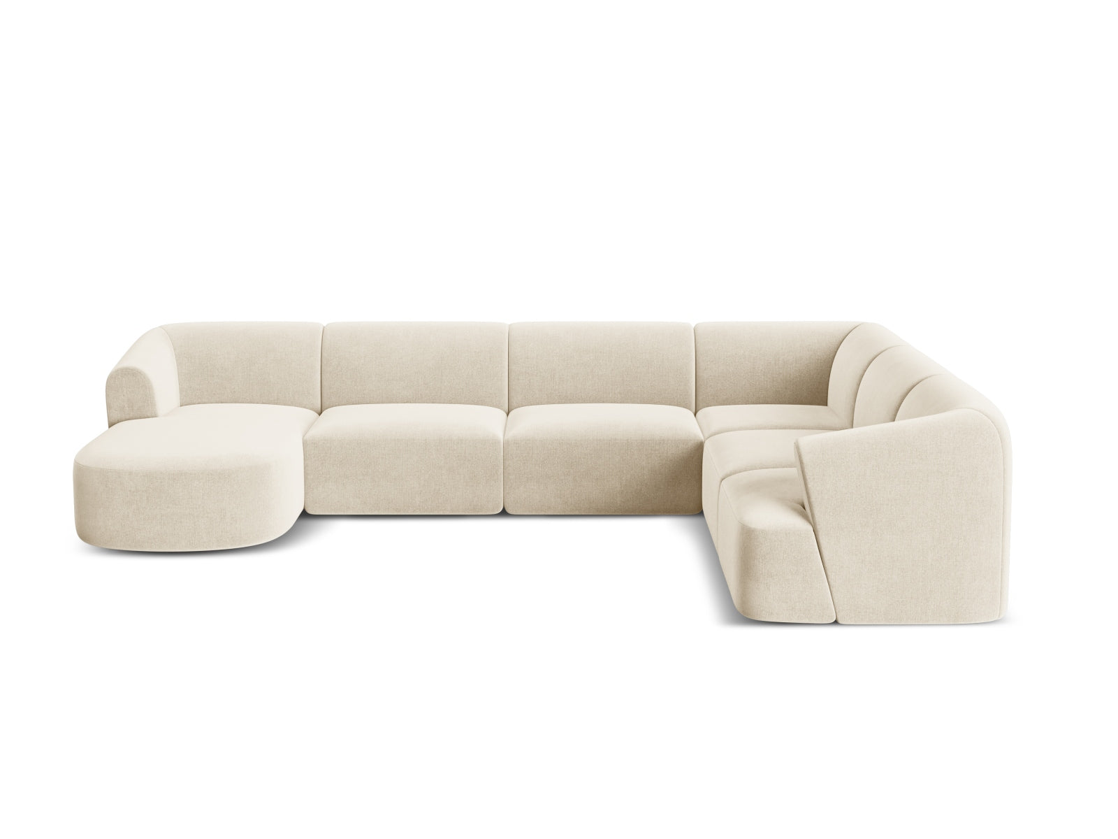 Elegantes 7-Sitzer Ecksofa Panoramic rechts Campi in warmem Beige, ideal für entspannte Stunden und stilvolle Einrichtung von Cosmopolitan Design.