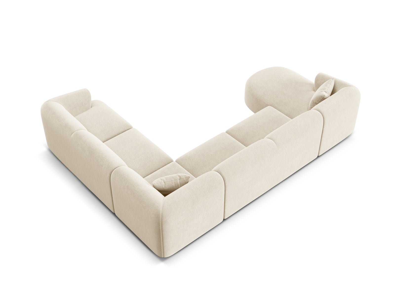 Modernes 7-Sitzer Ecksofa Panoramic rechts Campi in sanftem Beige, perfekt für gesellige Abende und geschmackvolle Wohnräume von Cosmopolitan Design.
