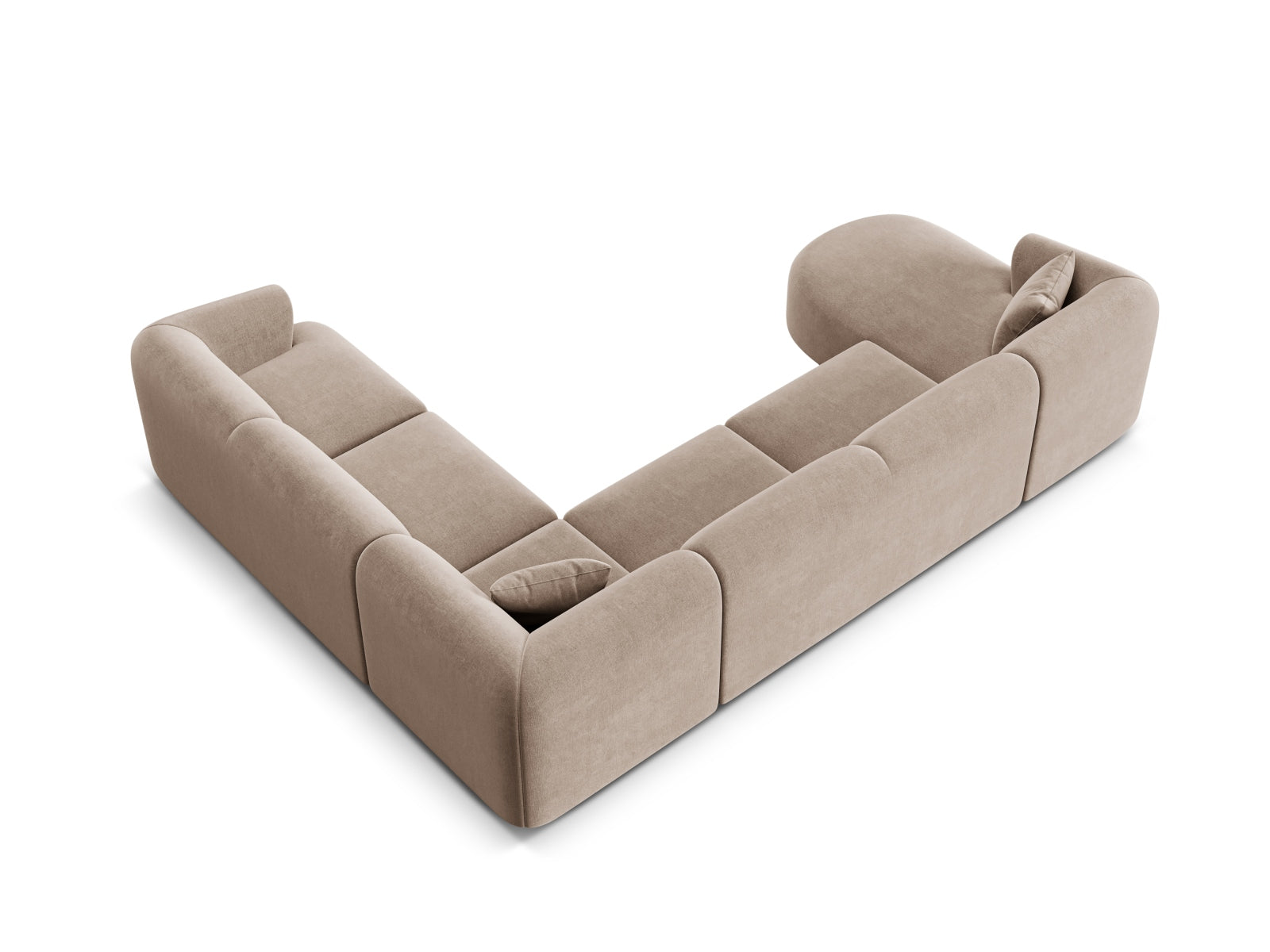 Stilvolles 7-Sitzer Ecksofa Panoramic rechts Campi in sanftem Dunkelbeige, perfekt für entspannte Stunden und gesellige Zusammenkünfte.