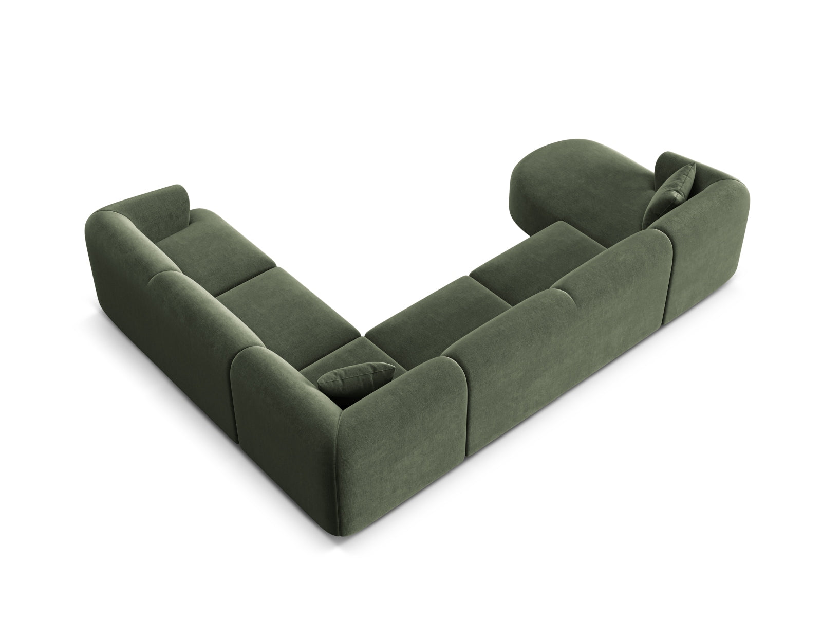 Modulares 7-Sitzer Ecksofa Panoramic rechts Campi in trendigem Green-Vogue, perfekt für entspannte Stunden und modernes Wohndesign.