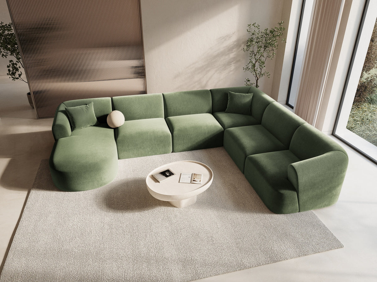 Modulares Ecksofa Campi mit Récamière rechts, Stoffbezug und schwarzen Beinen