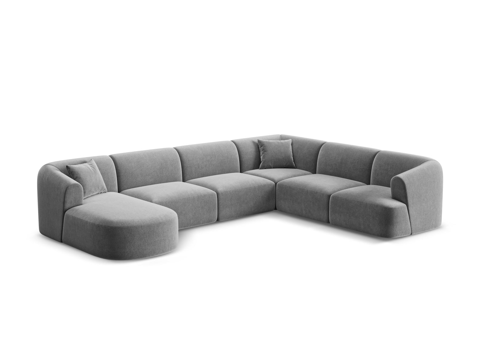 Elegantes 7-Sitzer Ecksofa Panoramic rechts Campi in stilvollem Grau, ideal für moderne Wohnräume und gemütliche Abende.