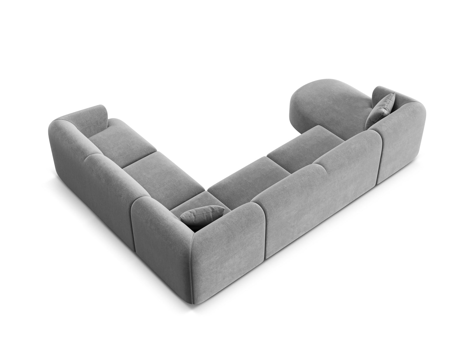 Stilvolles 7-Sitzer Ecksofa Panoramic rechts Campi in modernem Grau, perfekt für gesellige Runden und komfortable Wohnräume.
