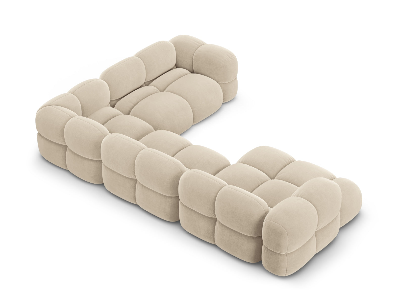 Elegantes Loretto Velour Panoramic Ecksofa in sanftem Beige, 5-Sitzer, ideal für stilvolle Wohnräume und entspannte Stunden.