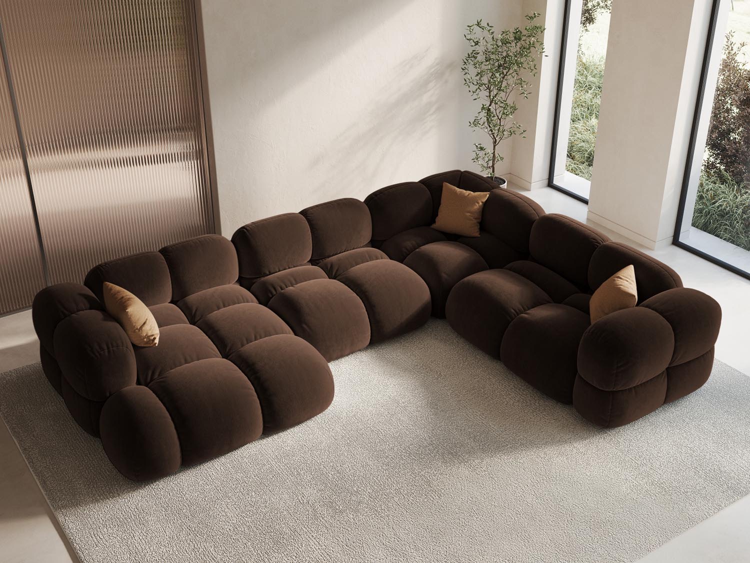 Elegantes Loretto Velour Panoramic Ecksofa in Chocolate-Vogue, ideal für stilvolle Wohnräume, präsentiert in einer gemütlichen Atmosphäre.
