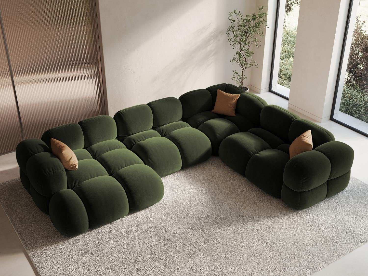 Elegantes Loretto Velour Panoramic Ecksofa in Grün, 5-Sitzer, 250 cm, ideal für stilvolle Wohnräume, präsentiert in modernem Ambiente.