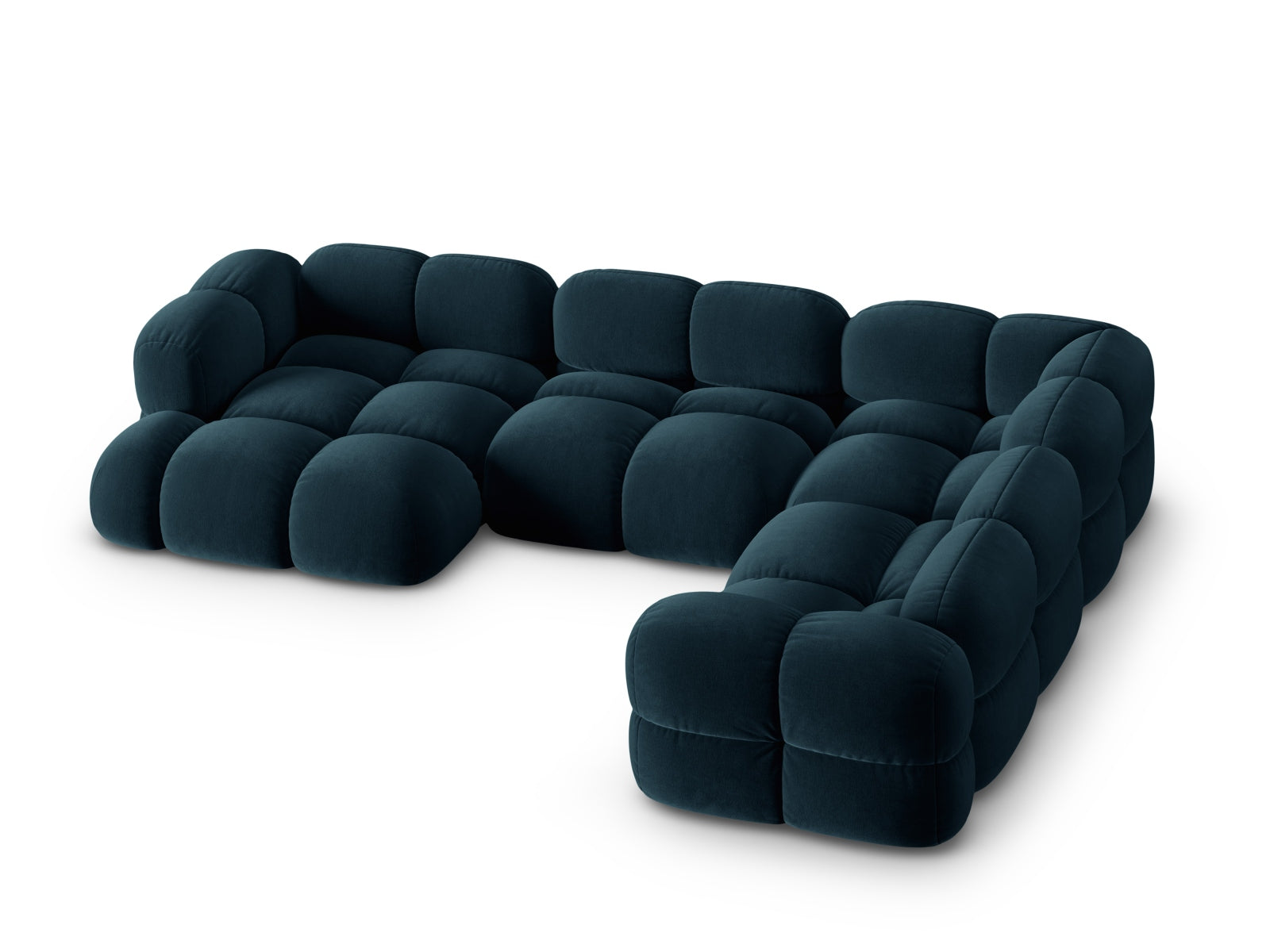 Modernes Loretto Velour Panoramic Ecksofa in tiefem Petrol, 5-Sitzer, perfekt für gemütliche Ecken und stilvolle Einrichtungsideen.