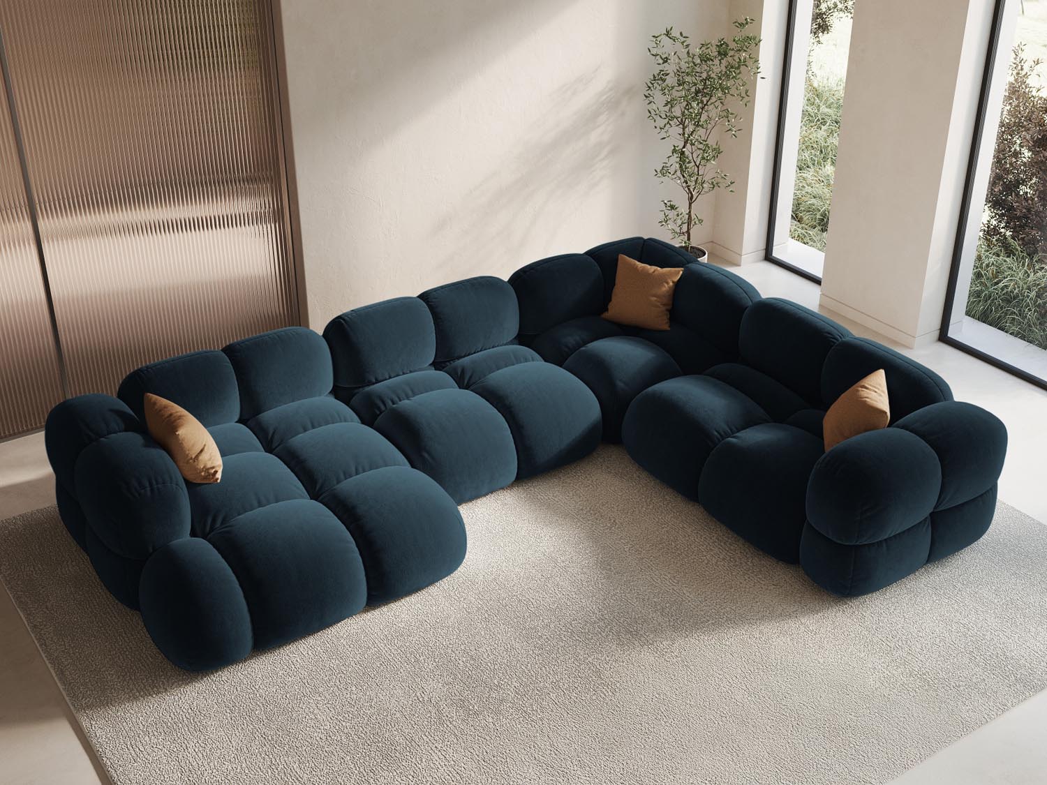 Elegantes Loretto Velour Panoramic Ecksofa in Deep Petrol-Vogue, ideal für stilvolle Wohnräume, präsentiert in modernem Ambiente.